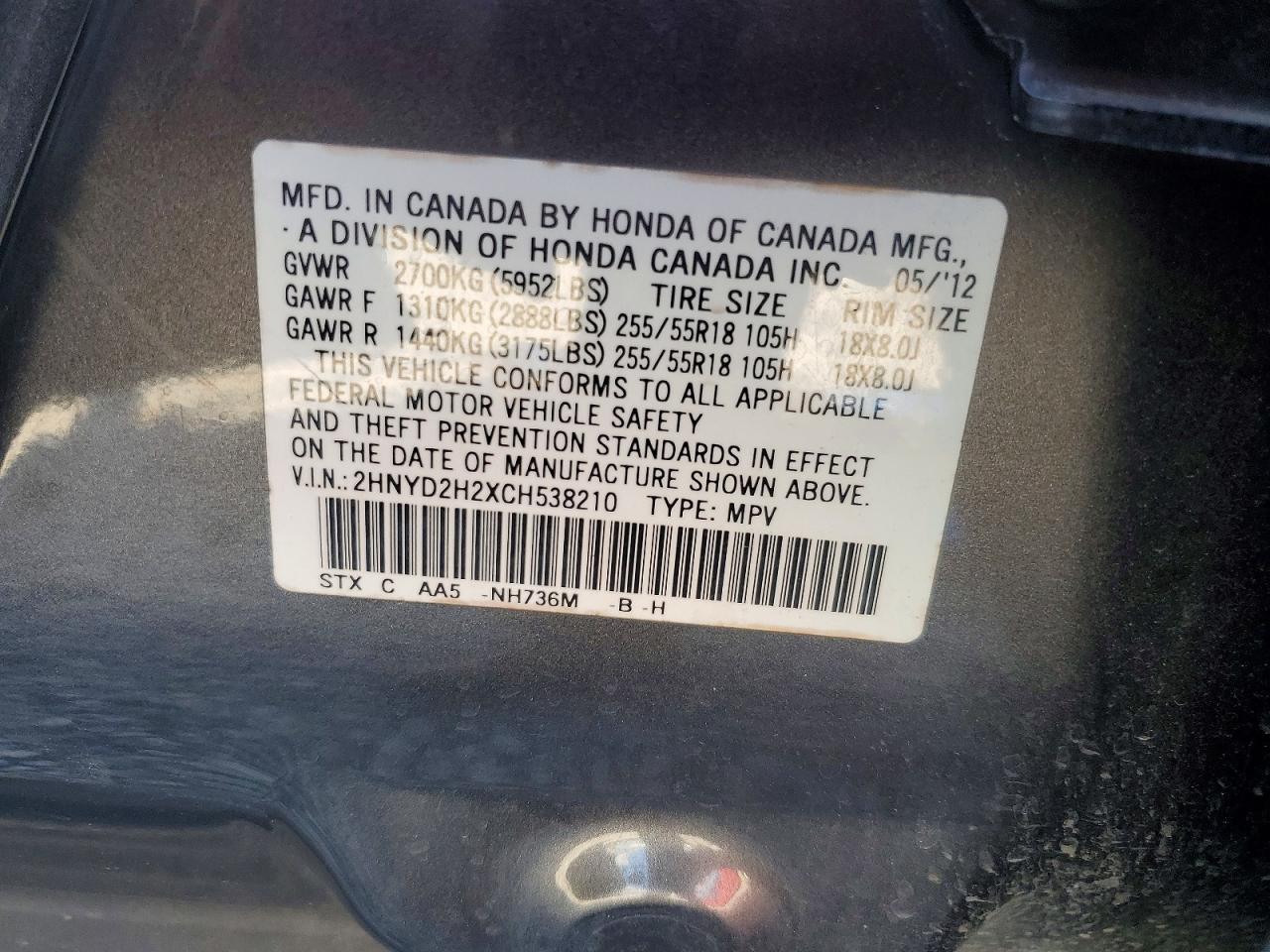 2012 Acura Mdx Gray vin: 2HNYD2H2XCH538210