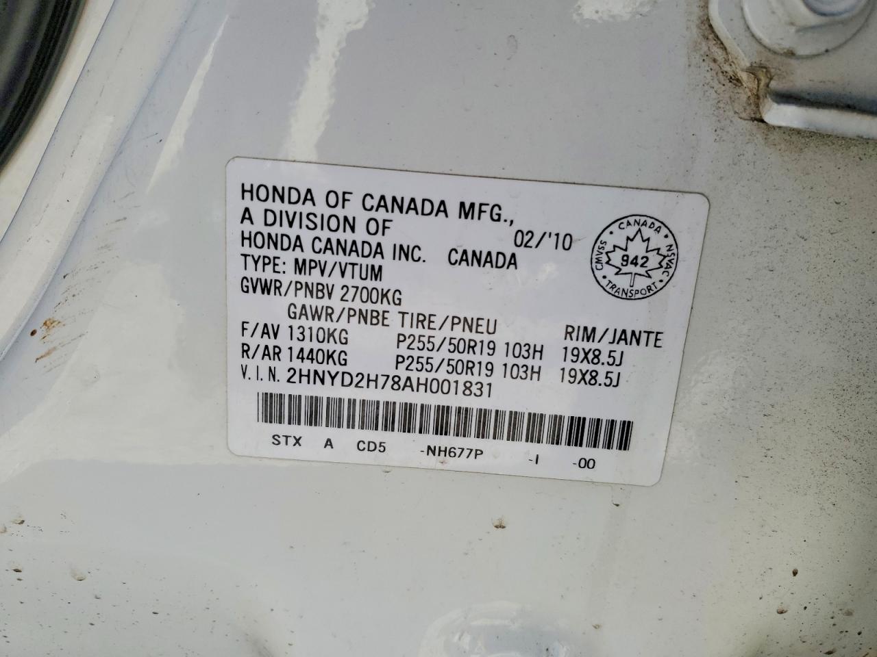 2010 Acura Mdx Advance White vin: 2HNYD2H78AH001831