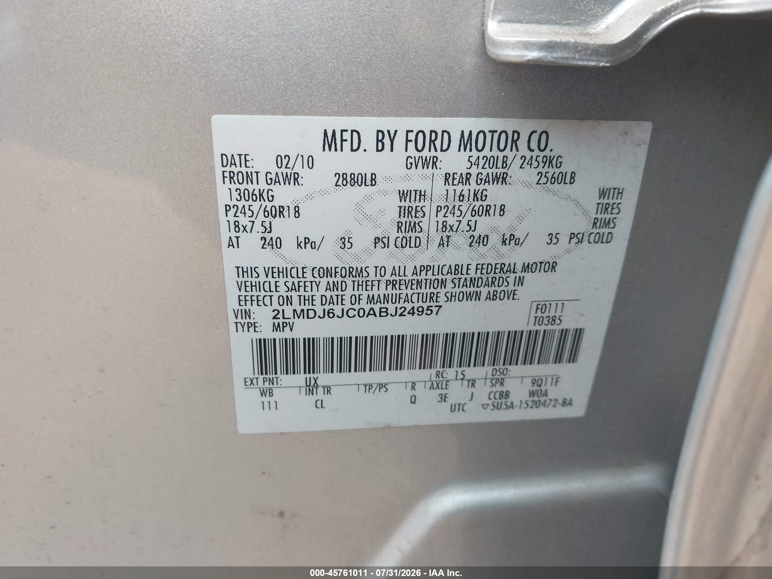 2010 Lincoln Mkx   Silver vin: 2LMDJ6JC0ABJ24957