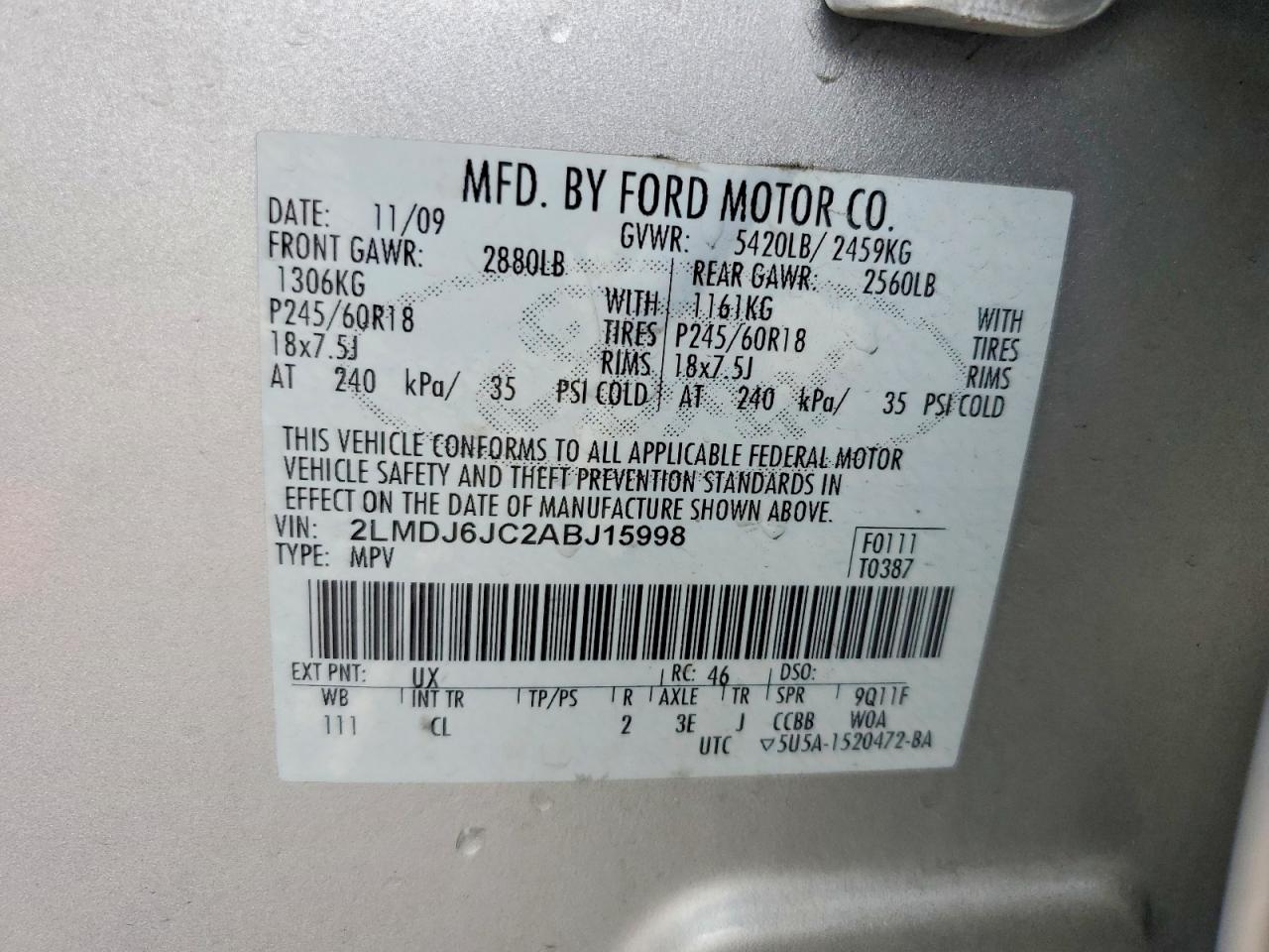2010 Lincoln Mkx Silver vin: 2LMDJ6JC2ABJ15998