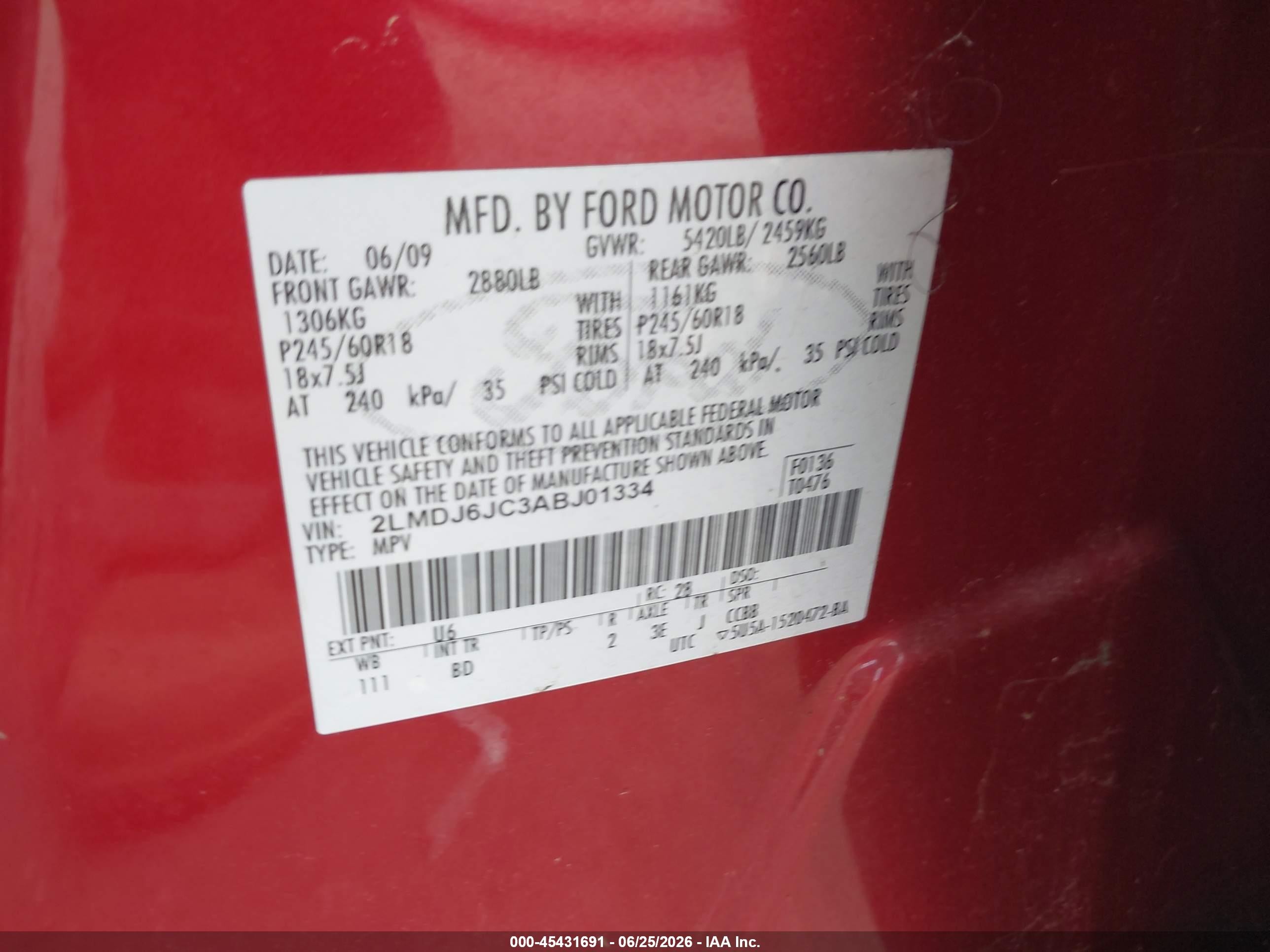 2010 Lincoln Mkx   Red vin: 2LMDJ6JC3ABJ01334