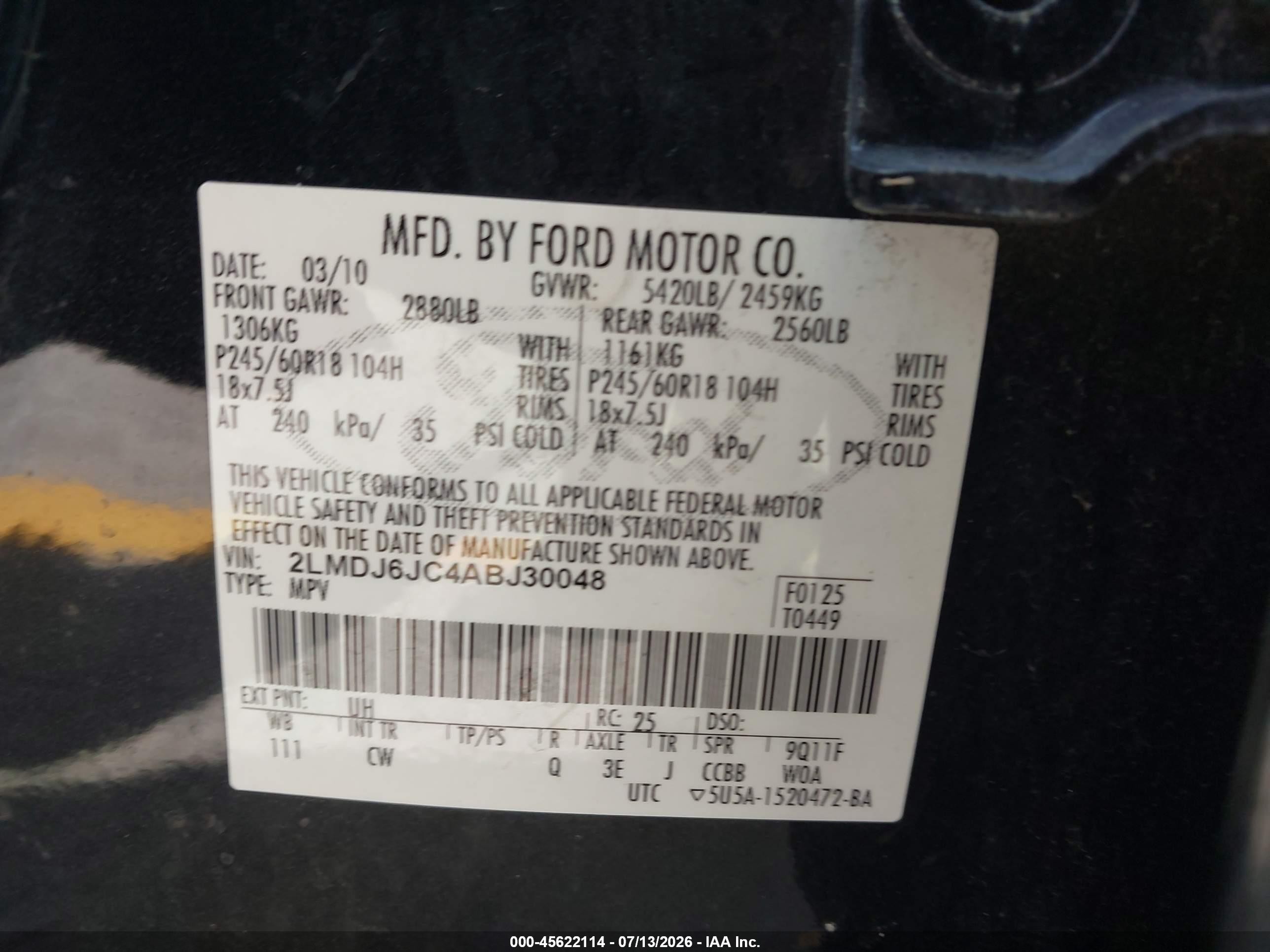2010 Lincoln Mkx   Black vin: 2LMDJ6JC4ABJ30048