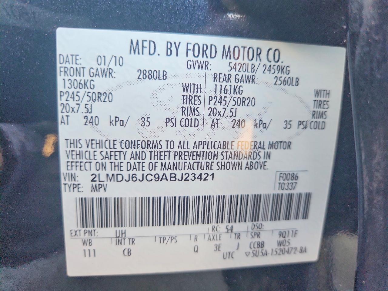 2010 Lincoln Mkx Black vin: 2LMDJ6JC9ABJ23421