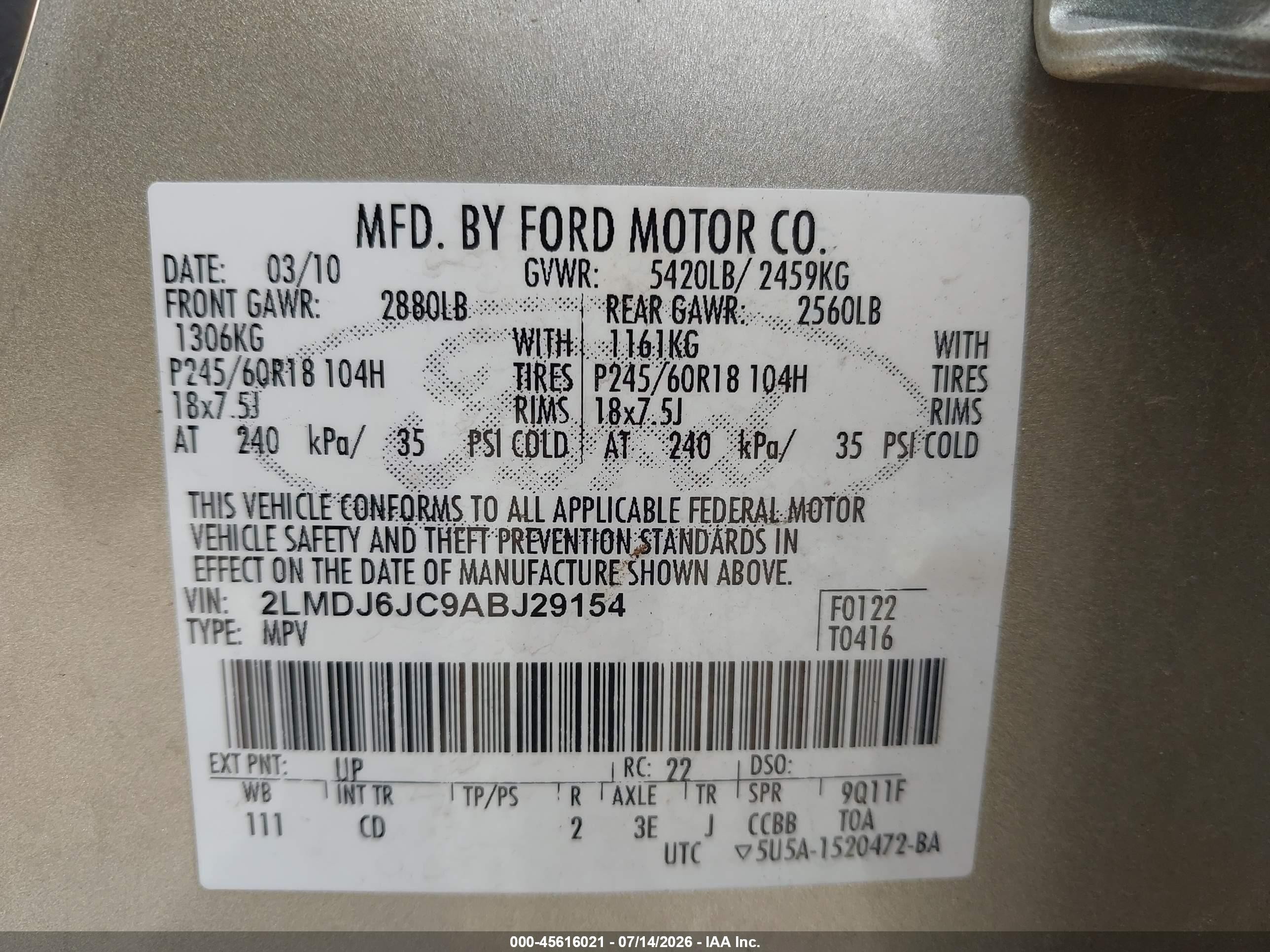 2010 Lincoln Mkx   Gold vin: 2LMDJ6JC9ABJ29154