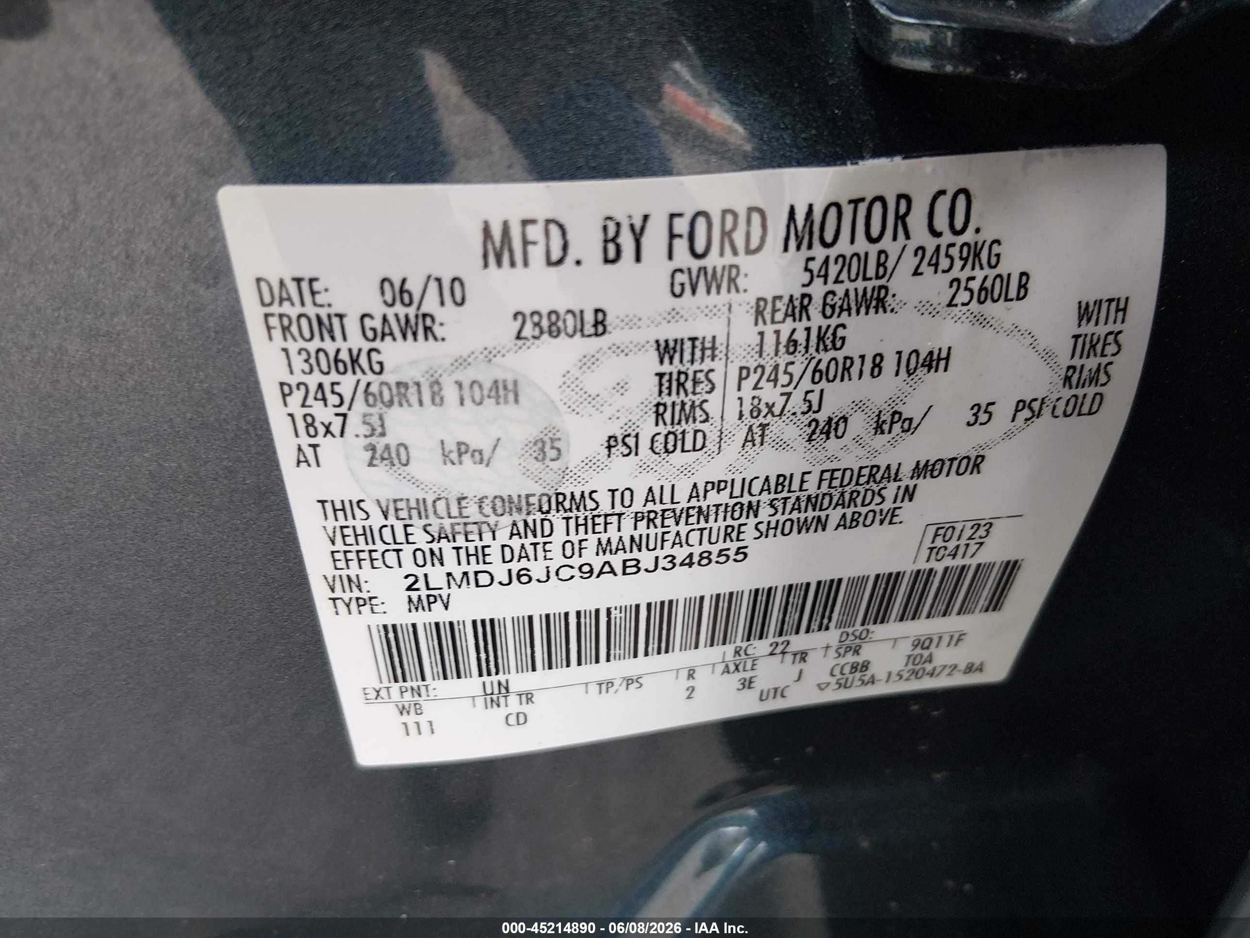2010 Lincoln Mkx   Blue vin: 2LMDJ6JC9ABJ34855