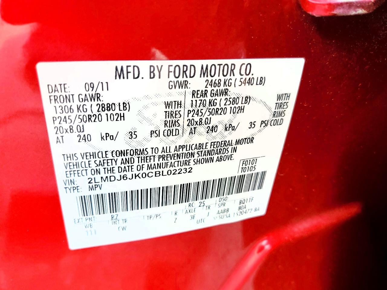 2012 Lincoln Mkx Red vin: 2LMDJ6JK0CBL02232