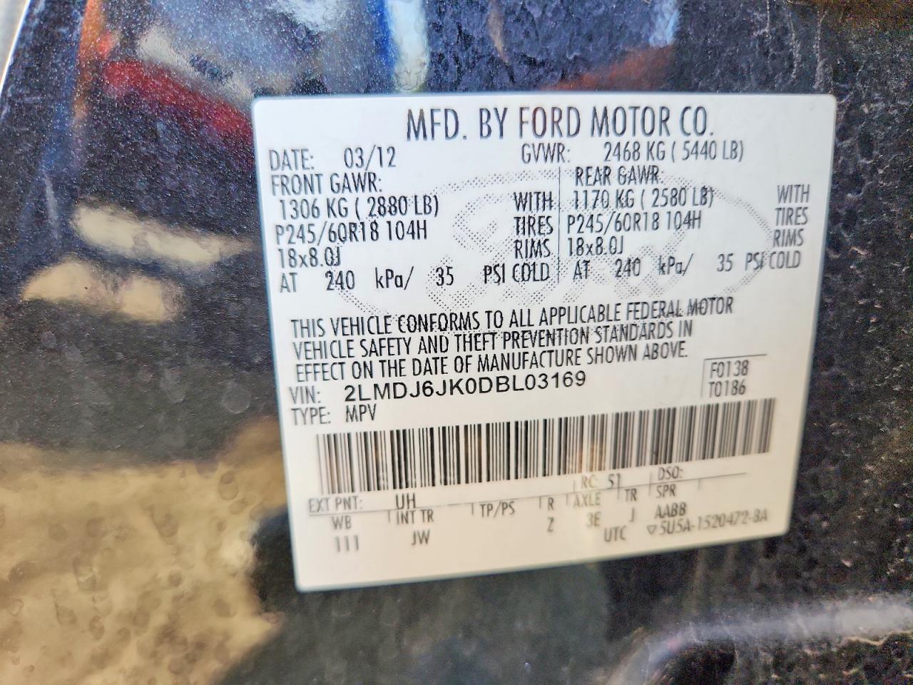 2013 Lincoln Mkx Black vin: 2LMDJ6JK0DBL03169