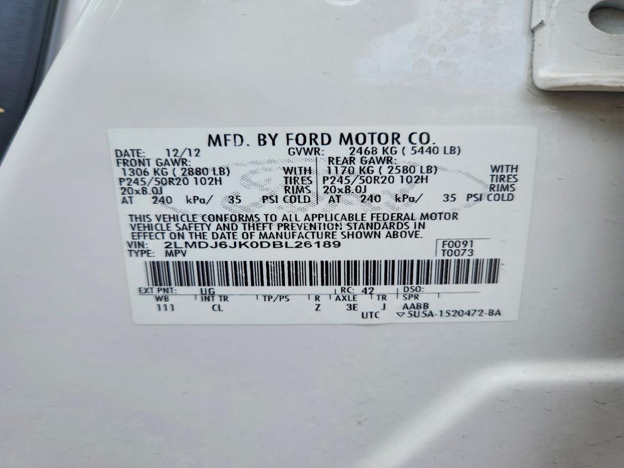 2013 Lincoln Mkx White vin: 2LMDJ6JK0DBL26189