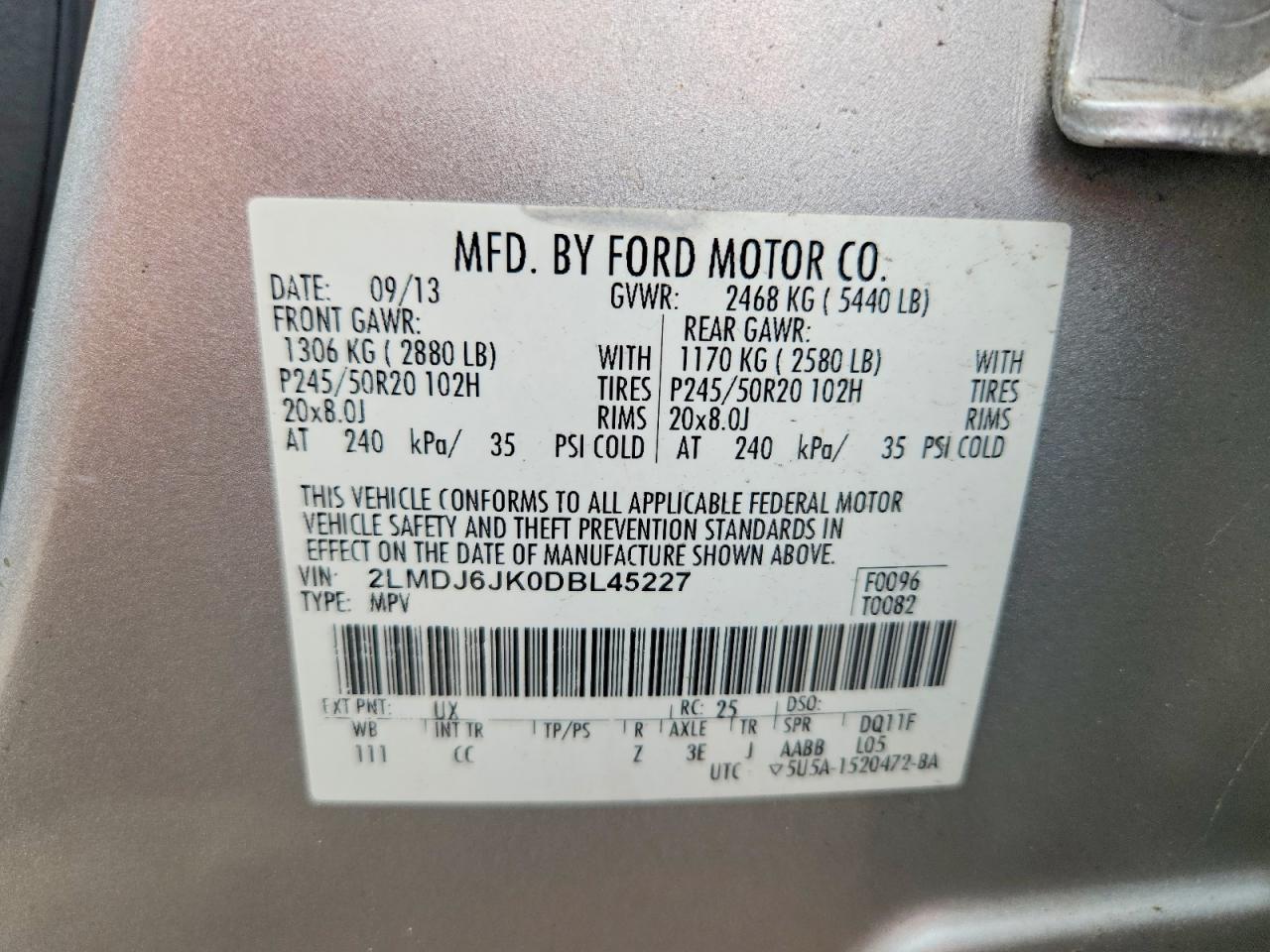 2013 Lincoln Mkx Silver vin: 2LMDJ6JK0DBL45227