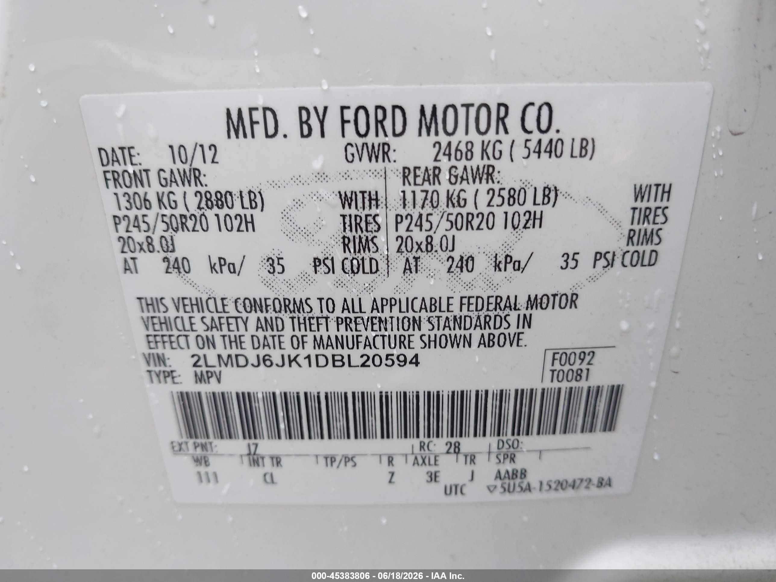 2013 Lincoln Mkx   Белый vin: 2LMDJ6JK1DBL20594