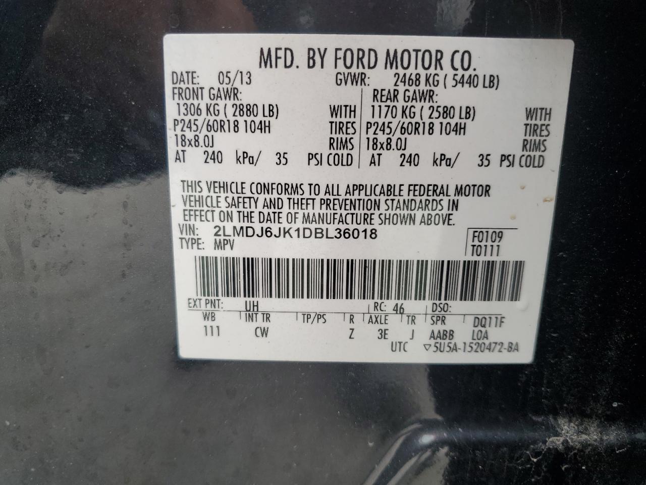 2013 Lincoln Mkx Black vin: 2LMDJ6JK1DBL36018