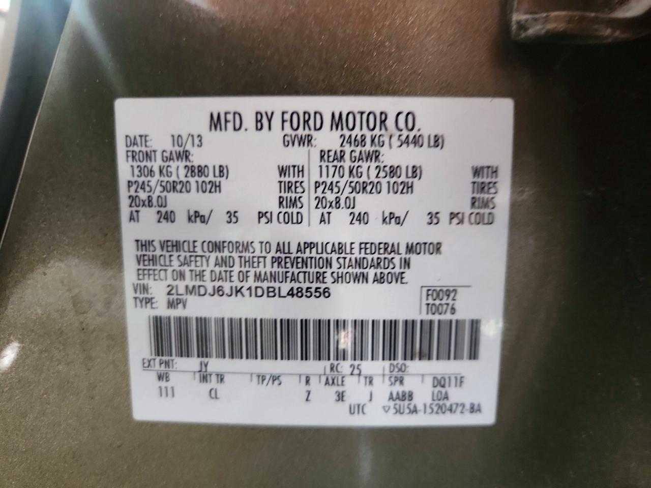 2013 Lincoln Mkx Green vin: 2LMDJ6JK1DBL48556