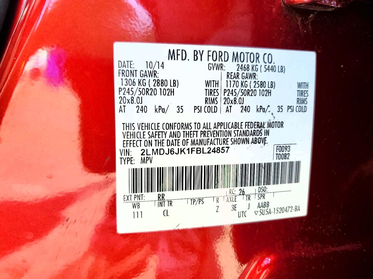 2015 Lincoln Mkx Red vin: 2LMDJ6JK1FBL24857
