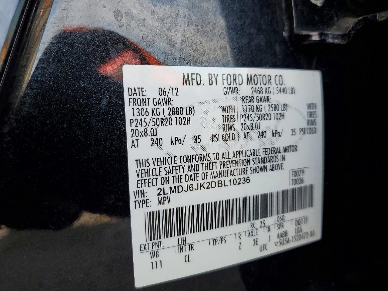 2013 Lincoln Mkx Black vin: 2LMDJ6JK2DBL10236
