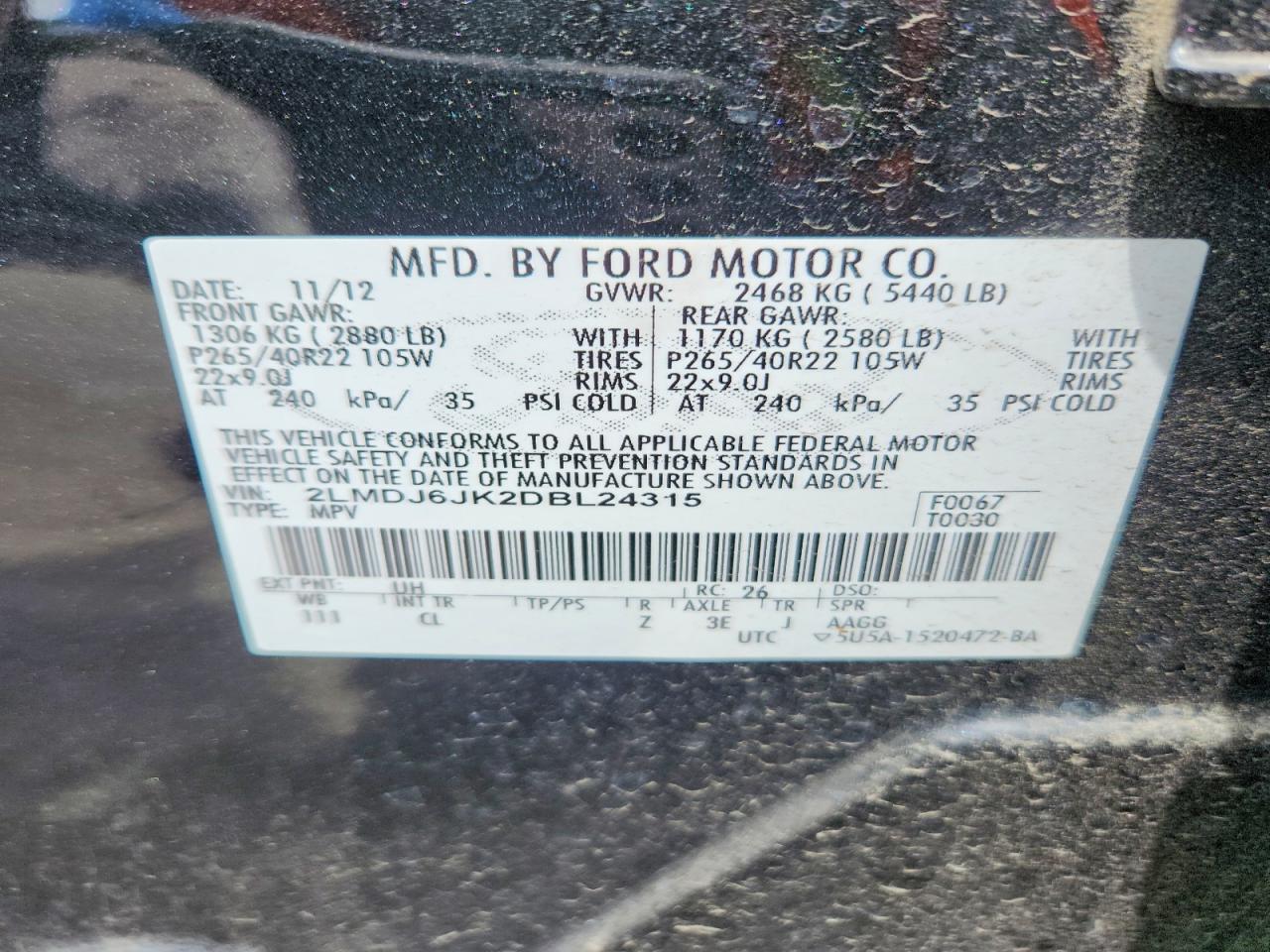 2013 Lincoln Mkx Black vin: 2LMDJ6JK2DBL24315