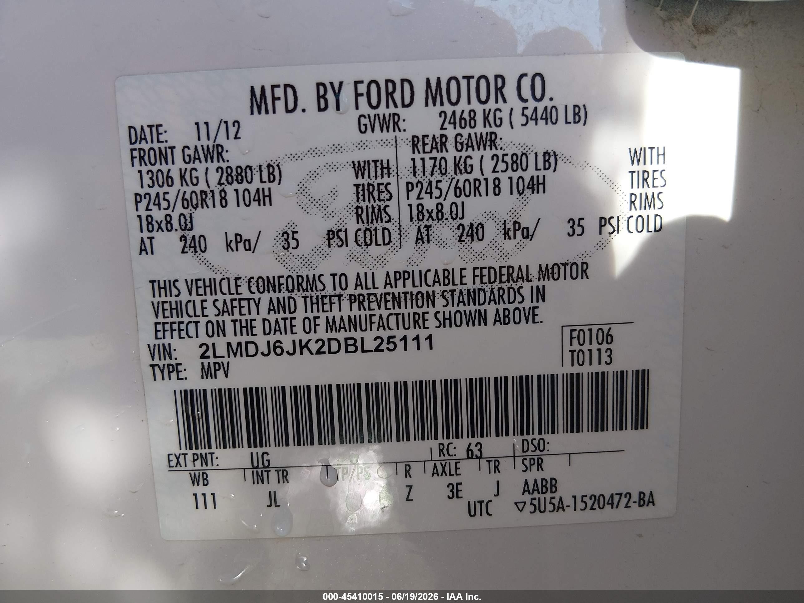 2013 Lincoln Mkx   White vin: 2LMDJ6JK2DBL25111