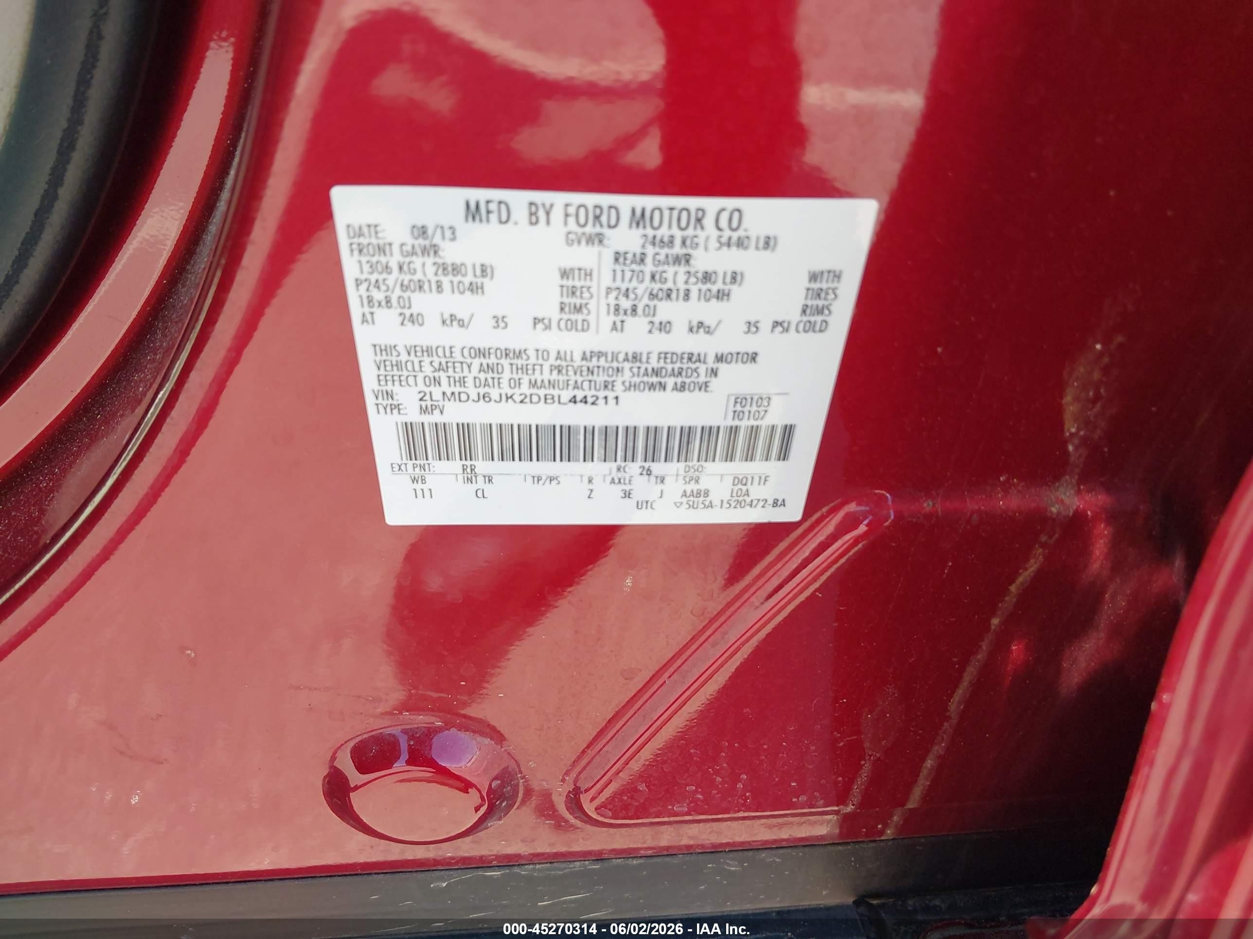 2013 Lincoln Mkx   Red vin: 2LMDJ6JK2DBL44211