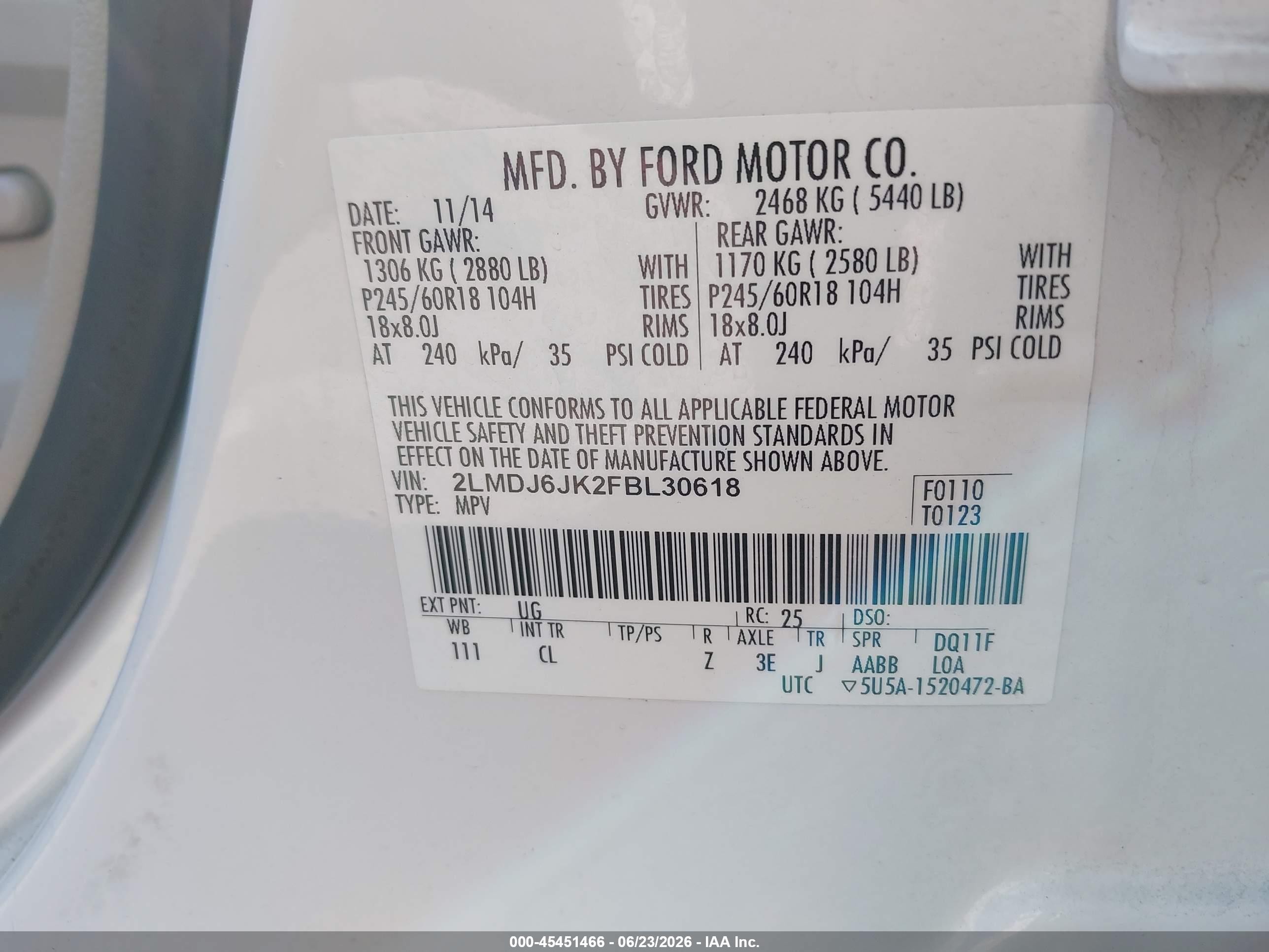 2015 Lincoln Mkx   White vin: 2LMDJ6JK2FBL30618