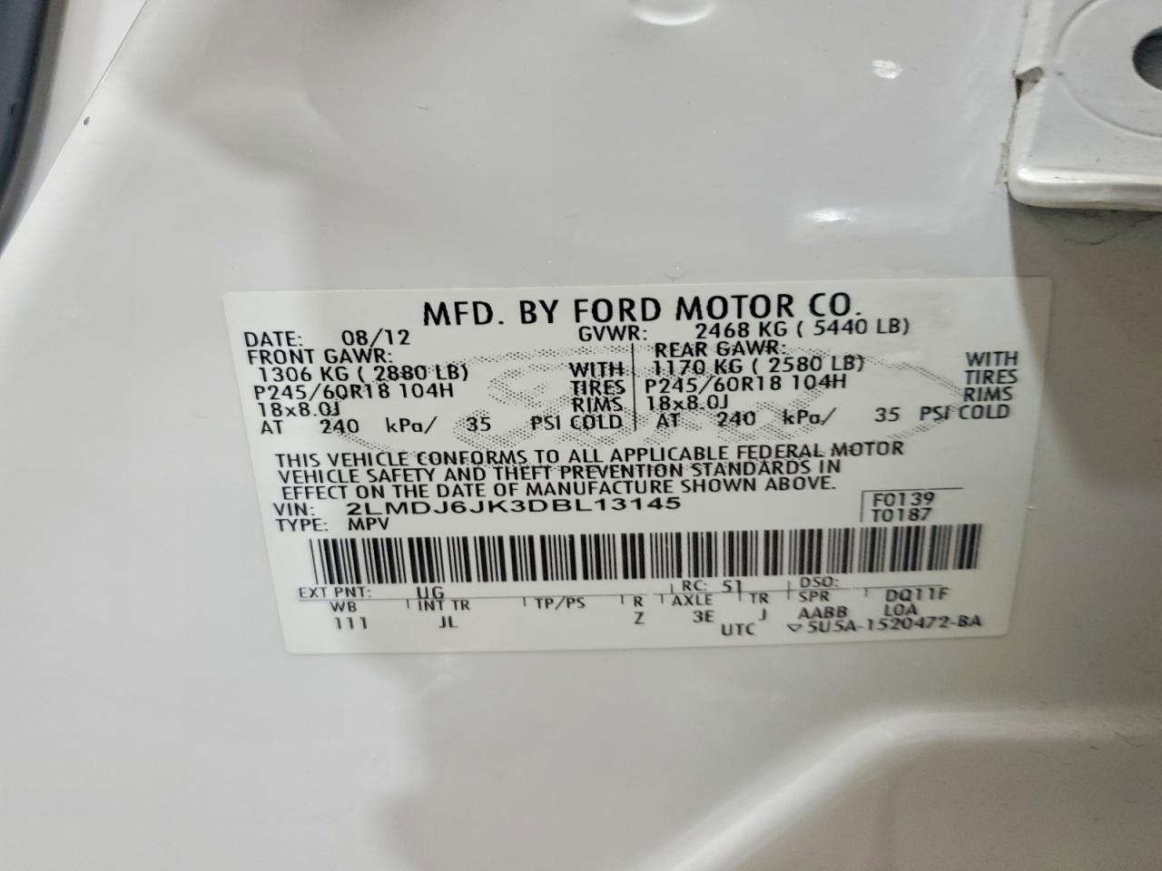 2013 Lincoln Mkx White vin: 2LMDJ6JK3DBL13145