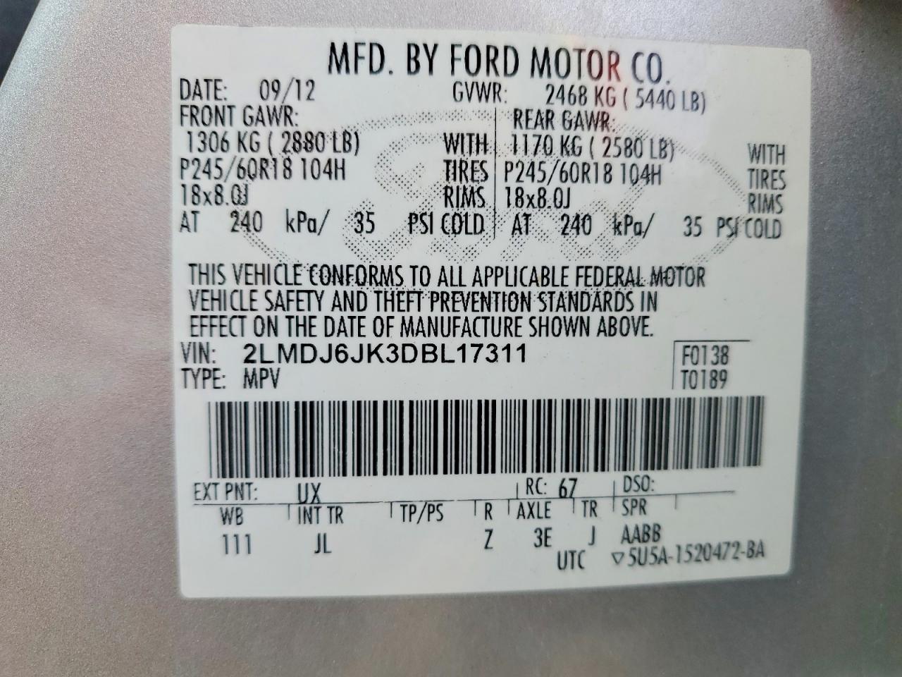 2013 Lincoln Mkx Silver vin: 2LMDJ6JK3DBL17311