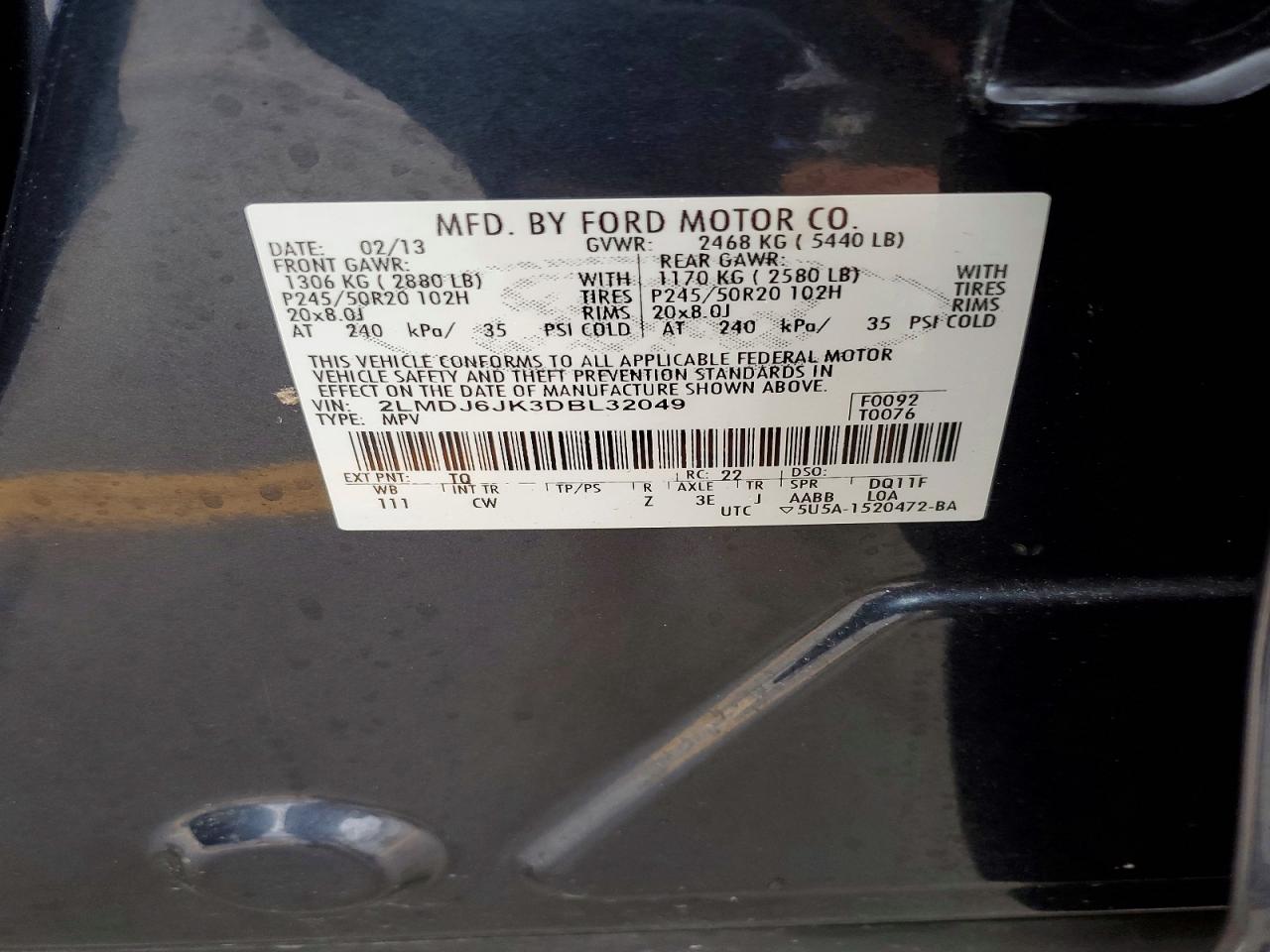 2013 Lincoln Mkx Black vin: 2LMDJ6JK3DBL32049
