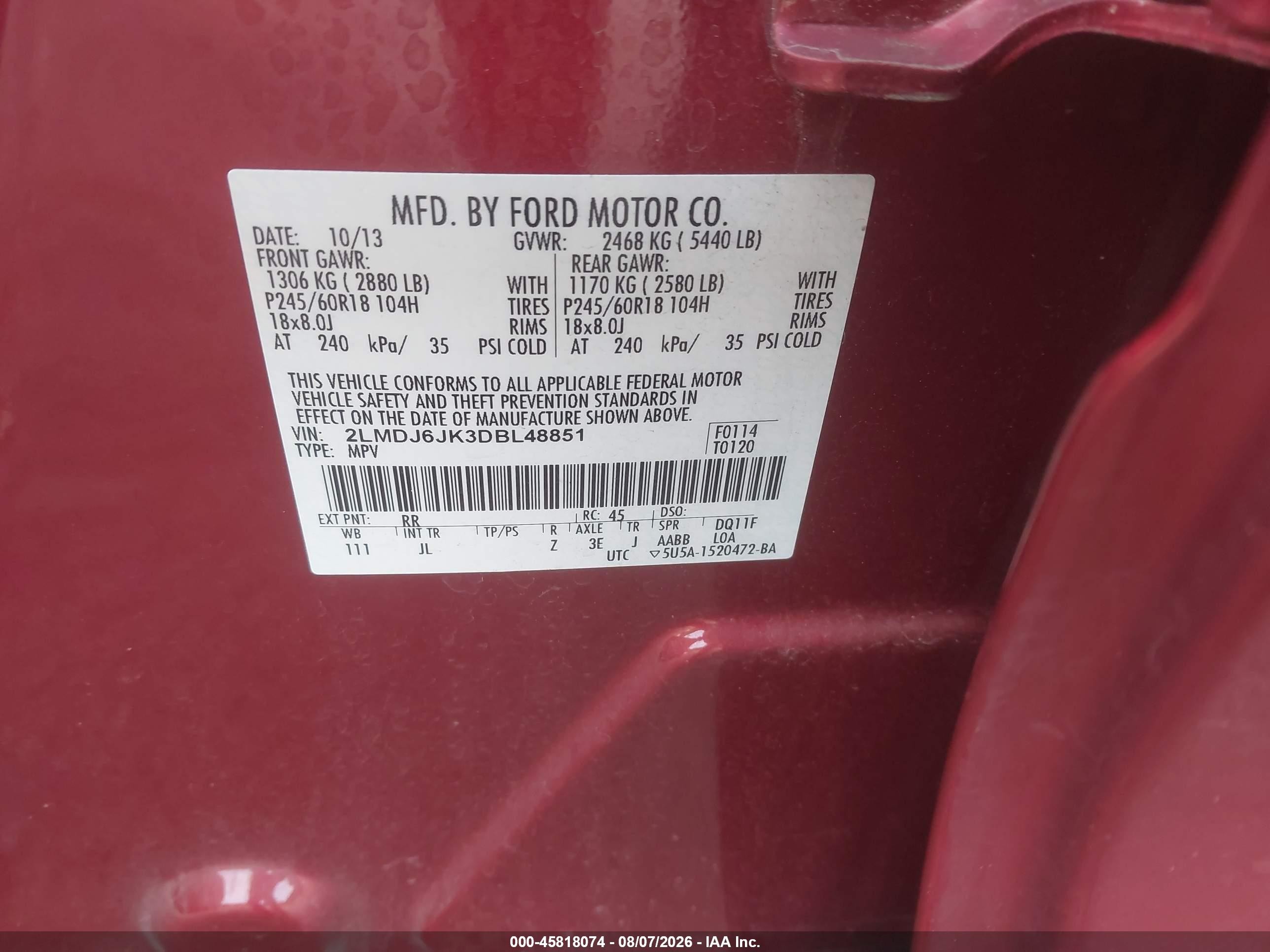2013 Lincoln Mkx   Red vin: 2LMDJ6JK3DBL48851