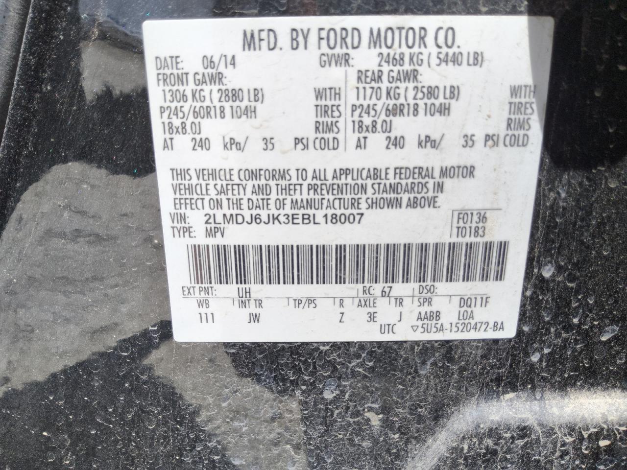 2014 Lincoln Mkx Black vin: 2LMDJ6JK3EBL18007