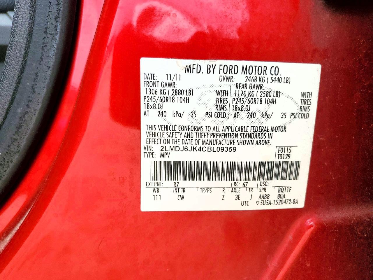 2012 Lincoln Mkx Red vin: 2LMDJ6JK4CBL09359
