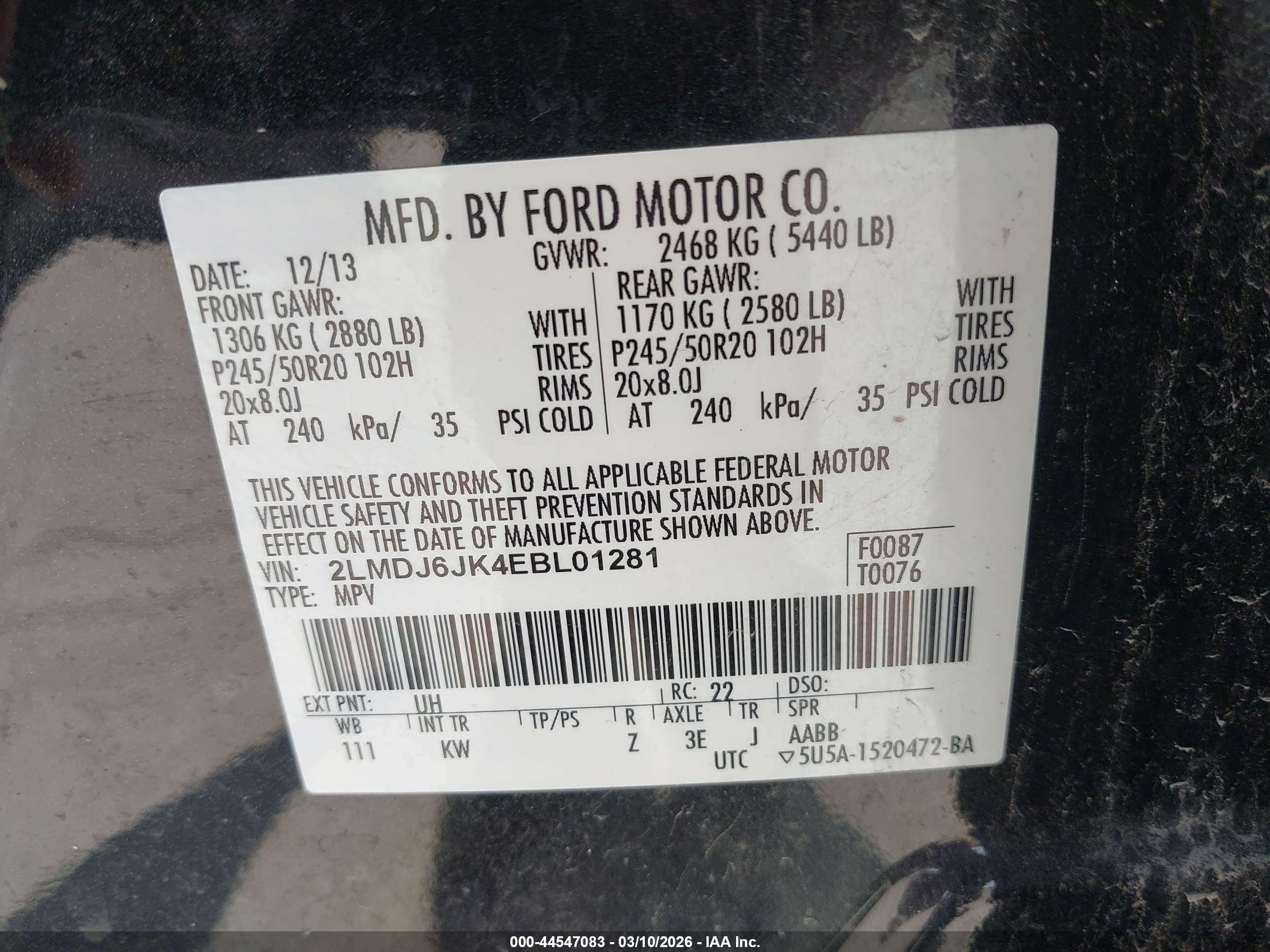 2014 Lincoln Mkx   Black vin: 2LMDJ6JK4EBL01281