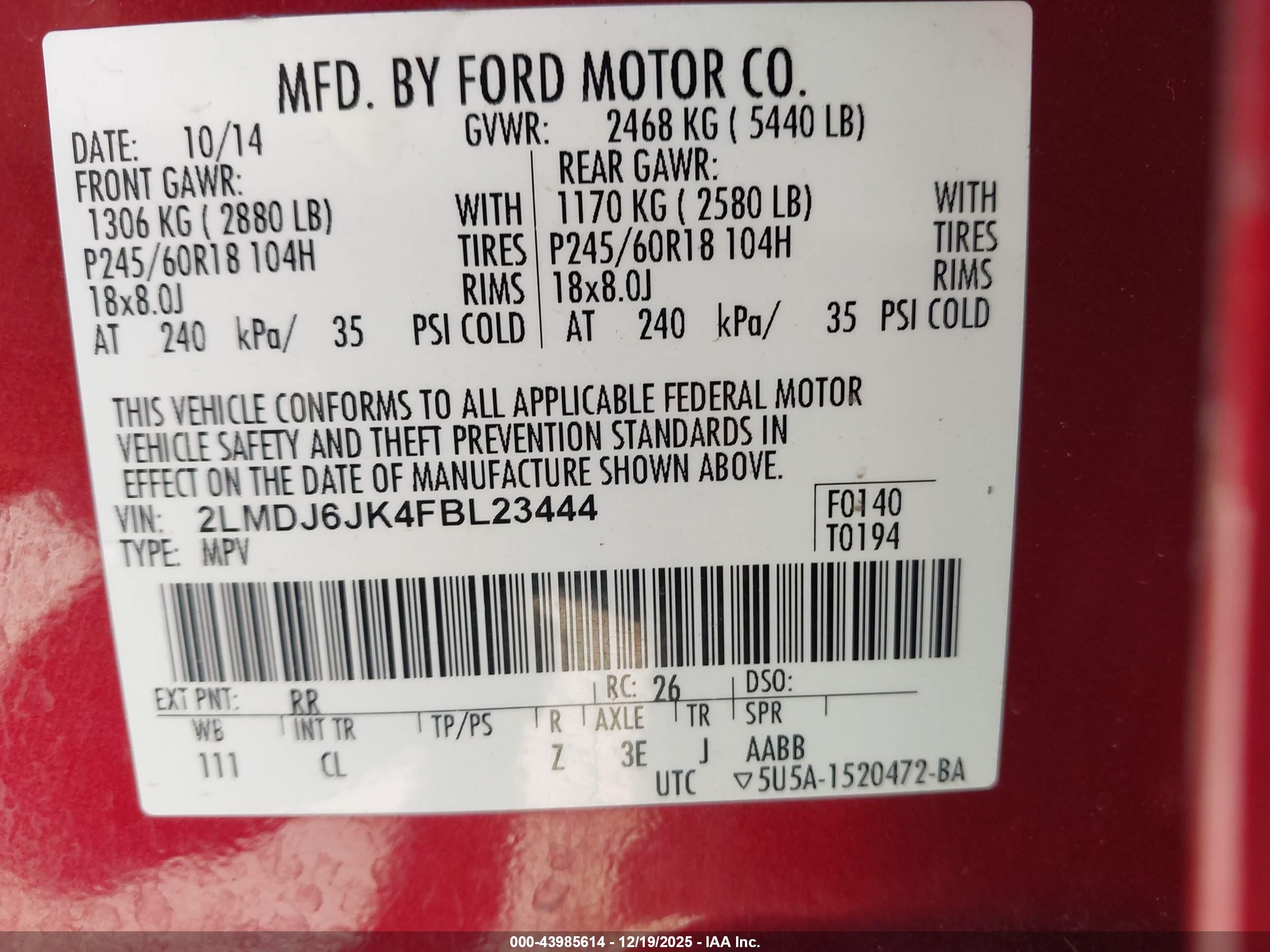 2015 Lincoln Mkx   Red vin: 2LMDJ6JK4FBL23444