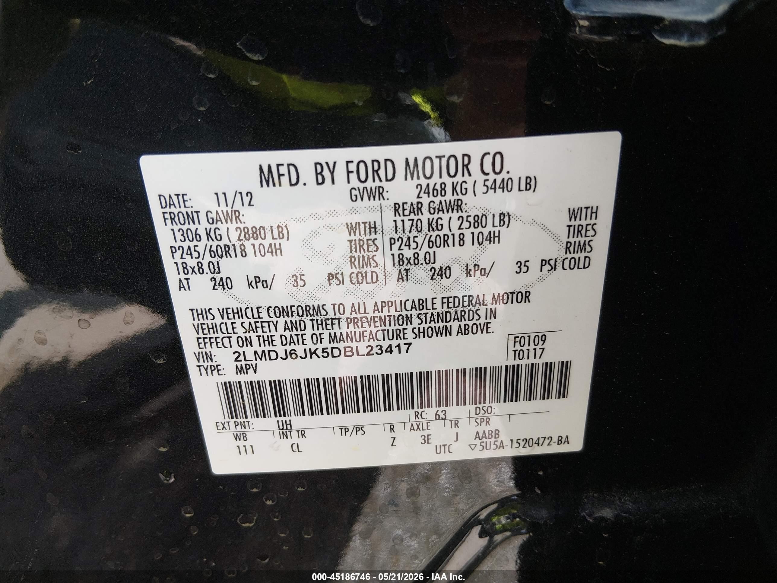 2013 Lincoln Mkx   Черный vin: 2LMDJ6JK5DBL23417