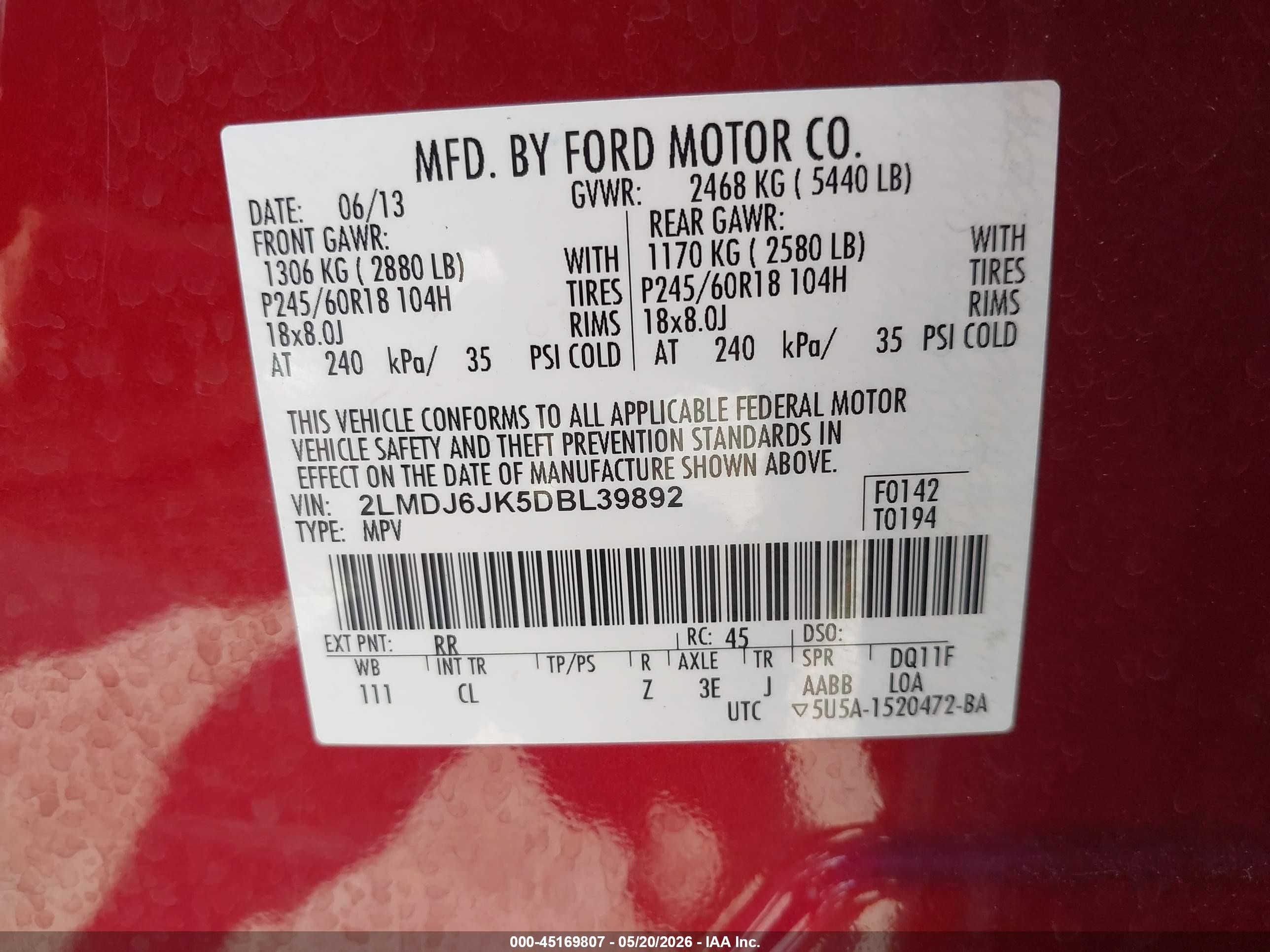 2013 Lincoln Mkx   Red vin: 2LMDJ6JK5DBL39892