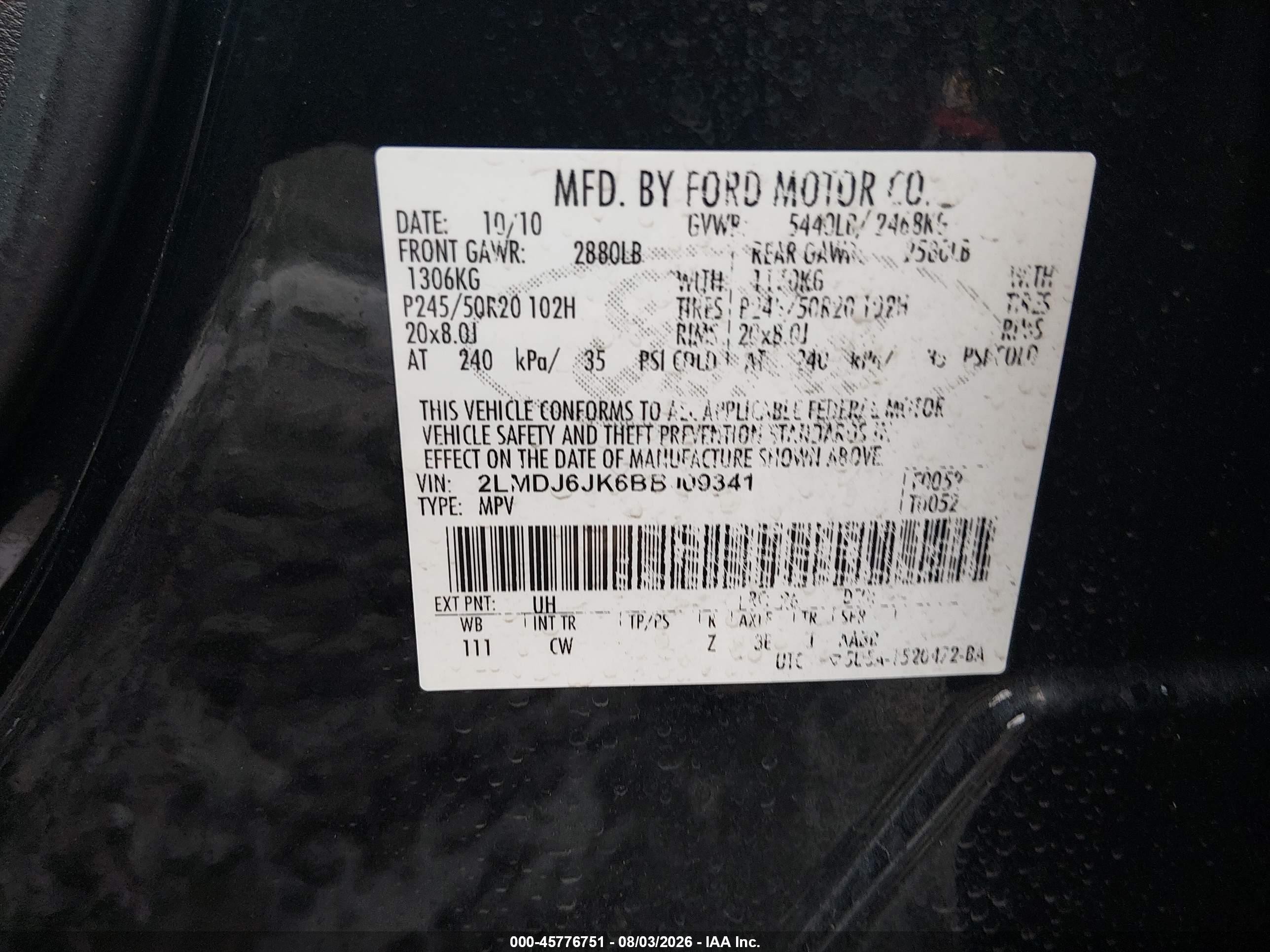 2011 Lincoln Mkx   Black vin: 2LMDJ6JK6BBJ09341
