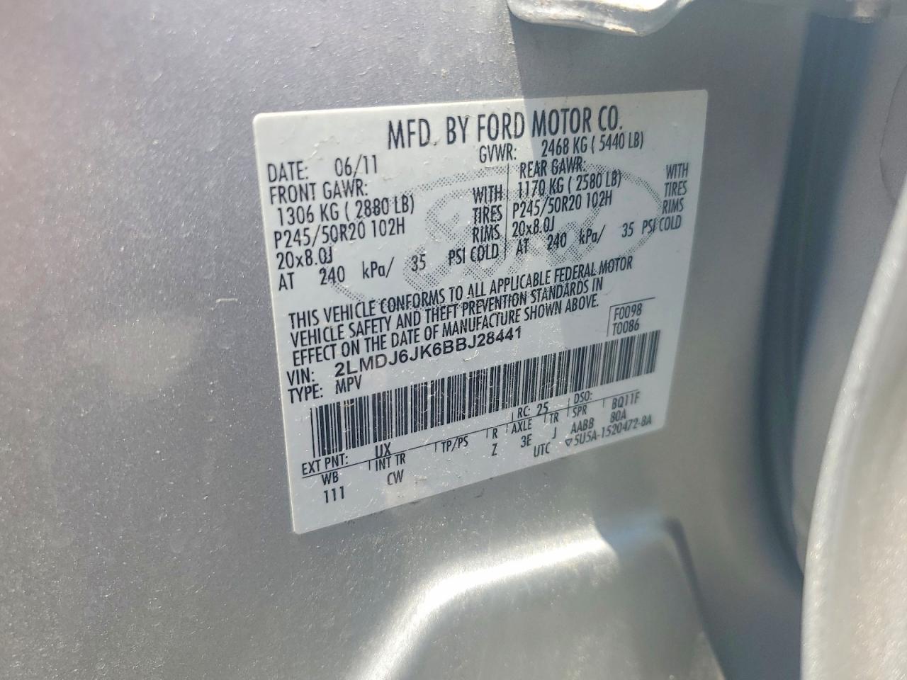 2011 Lincoln Mkx Silver vin: 2LMDJ6JK6BBJ28441