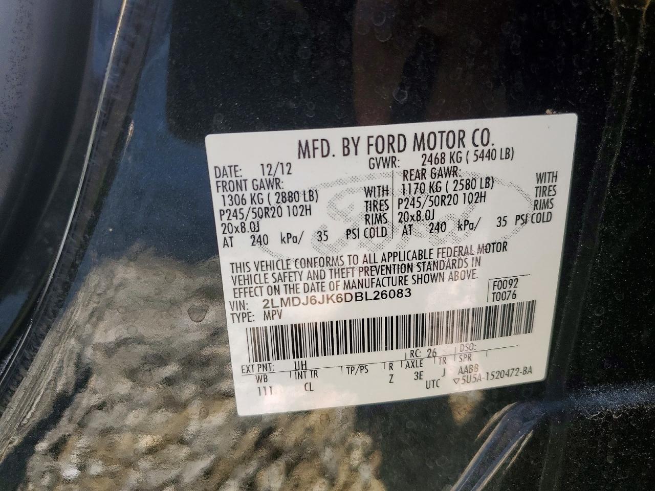 2013 Lincoln Mkx Black vin: 2LMDJ6JK6DBL26083