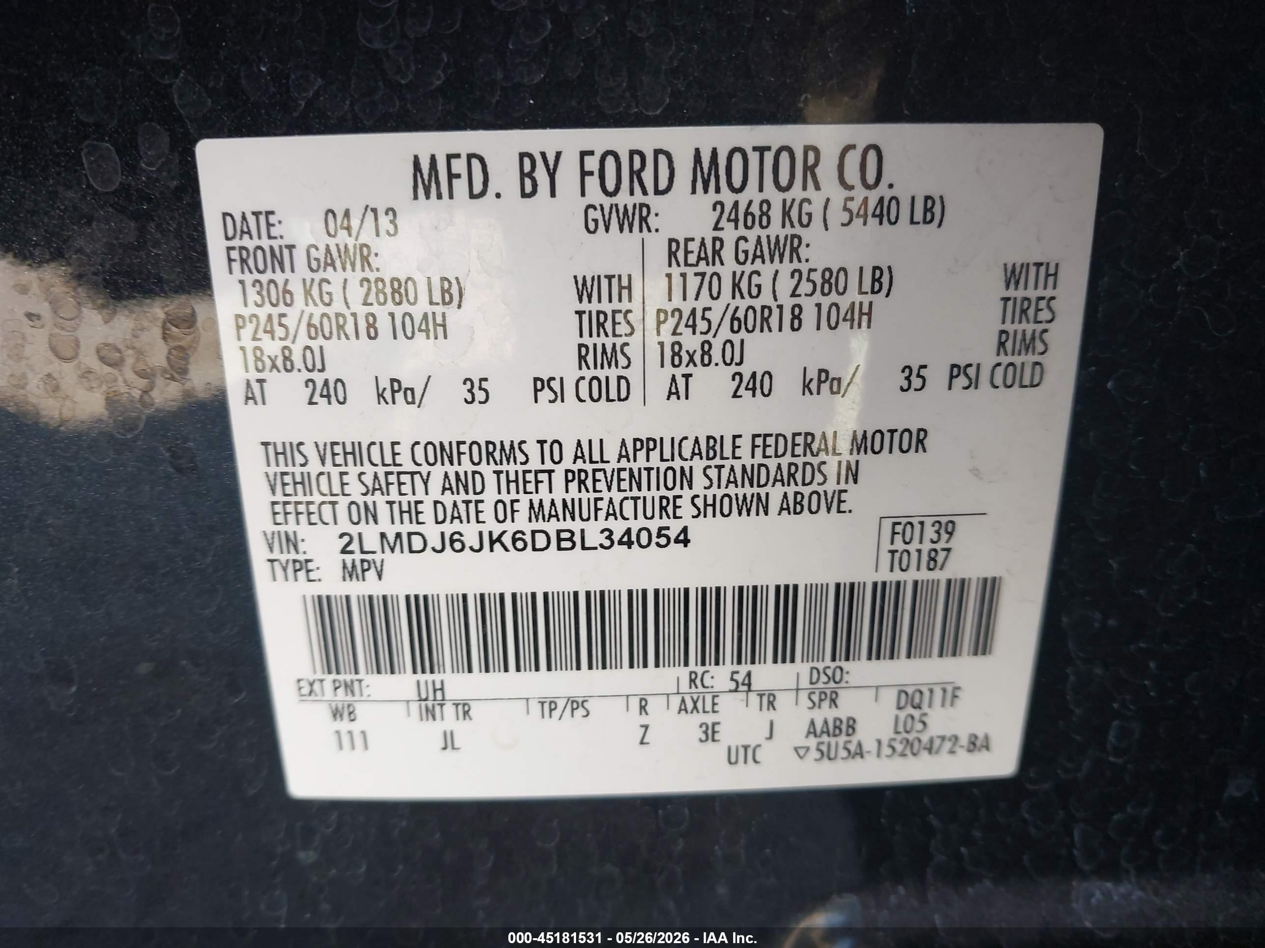 2013 Lincoln Mkx   Черный vin: 2LMDJ6JK6DBL34054