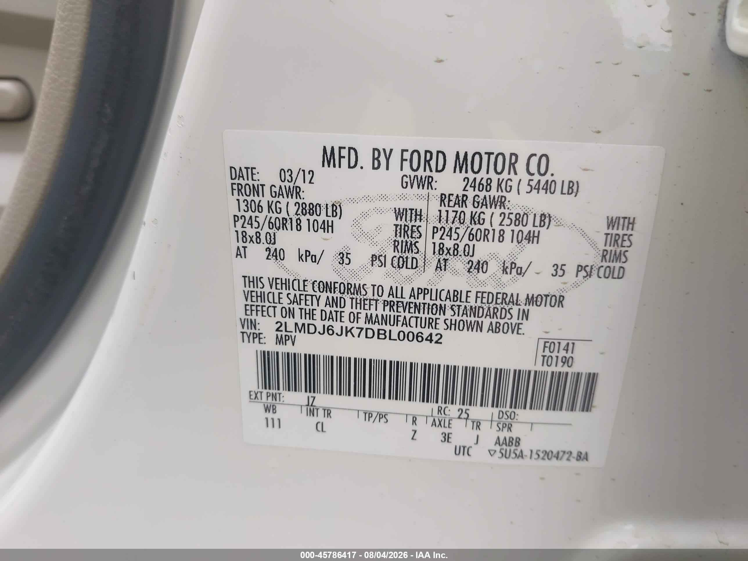 2013 Lincoln Mkx   White vin: 2LMDJ6JK7DBL00642