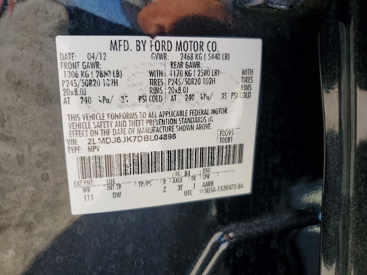 2013 Lincoln Mkx Black vin: 2LMDJ6JK7DBL04898