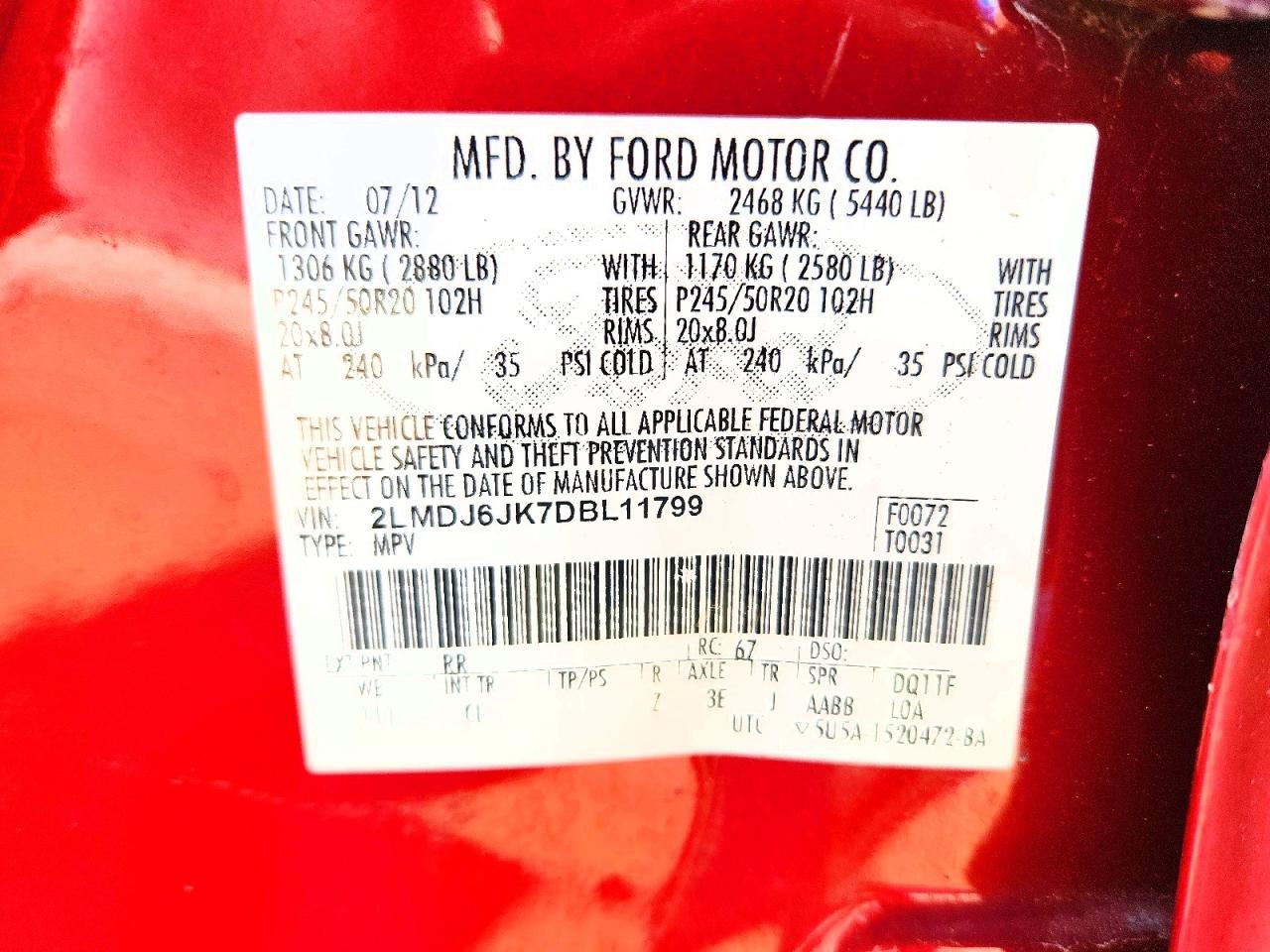 2013 Lincoln Mkx Red vin: 2LMDJ6JK7DBL11799