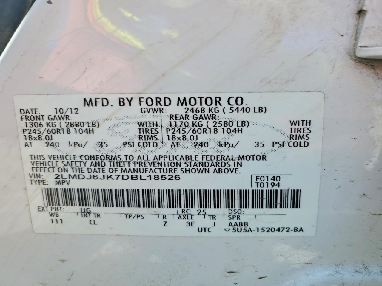 2013 Lincoln Mkx White vin: 2LMDJ6JK7DBL18526