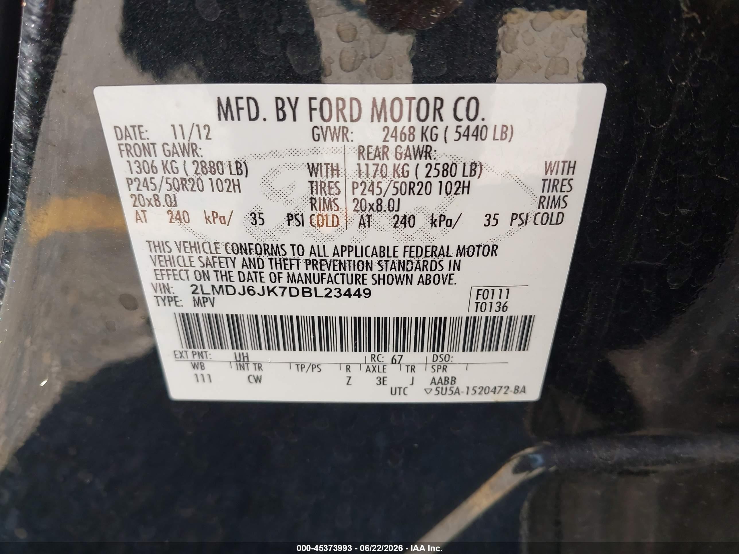 2013 Lincoln Mkx   Black vin: 2LMDJ6JK7DBL23449