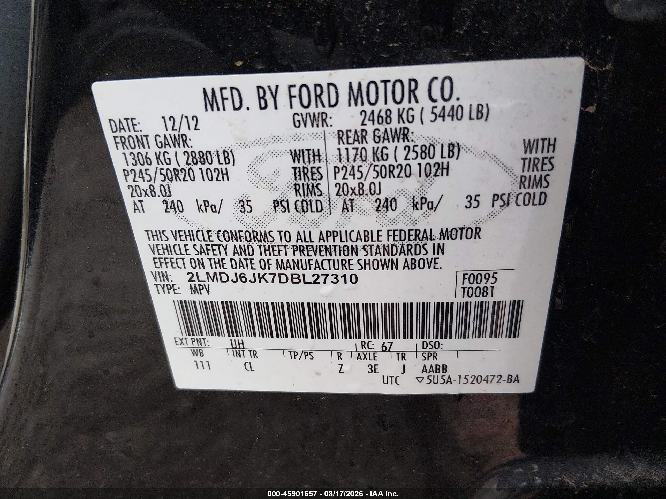 2013 Lincoln Mkx   Black vin: 2LMDJ6JK7DBL27310