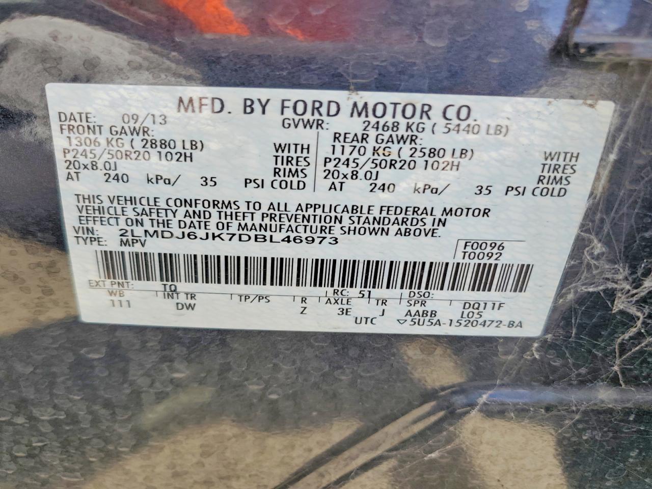 2013 Lincoln Mkx Charcoal vin: 2LMDJ6JK7DBL46973