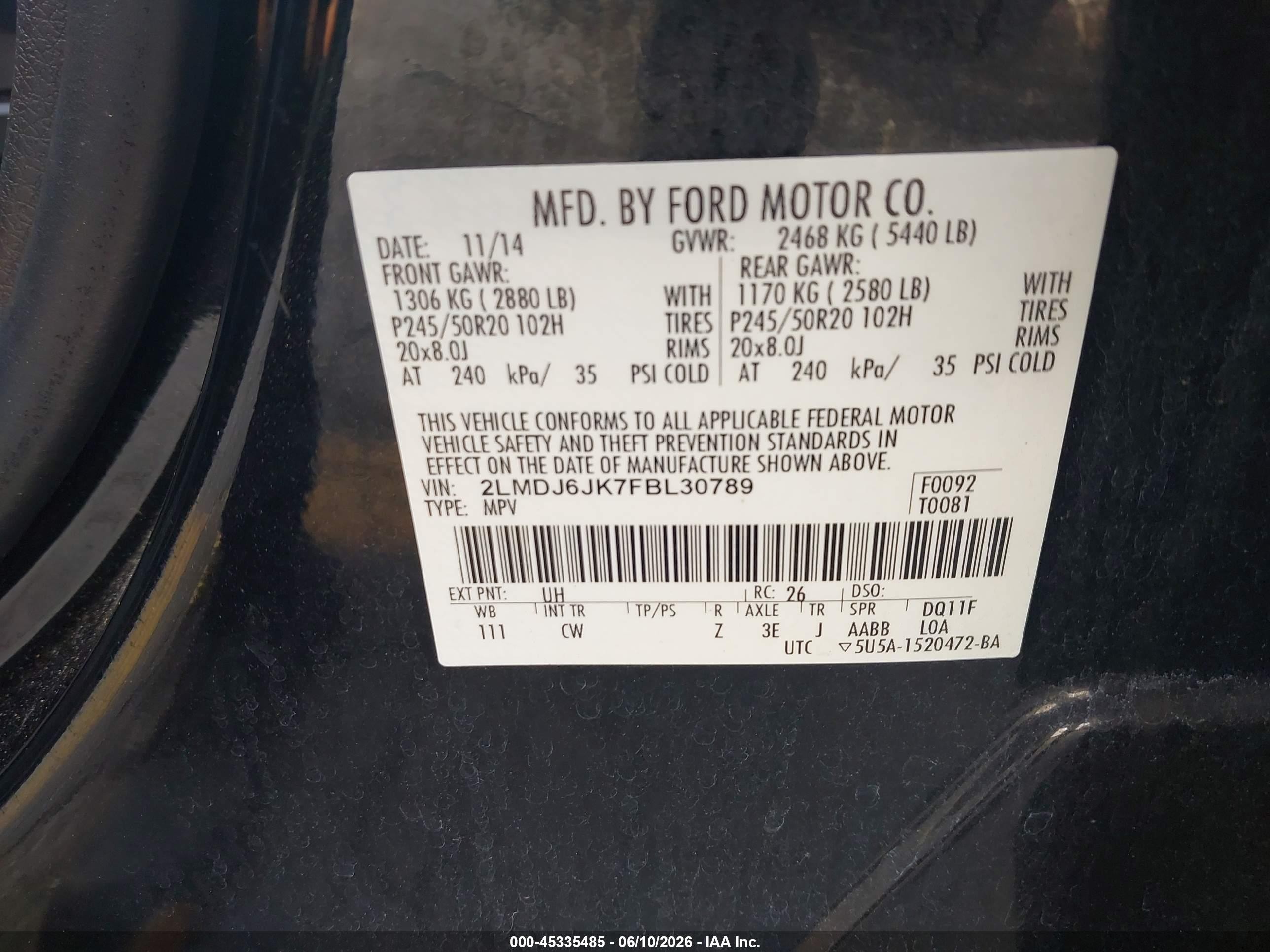 2015 Lincoln Mkx   Black vin: 2LMDJ6JK7FBL30789