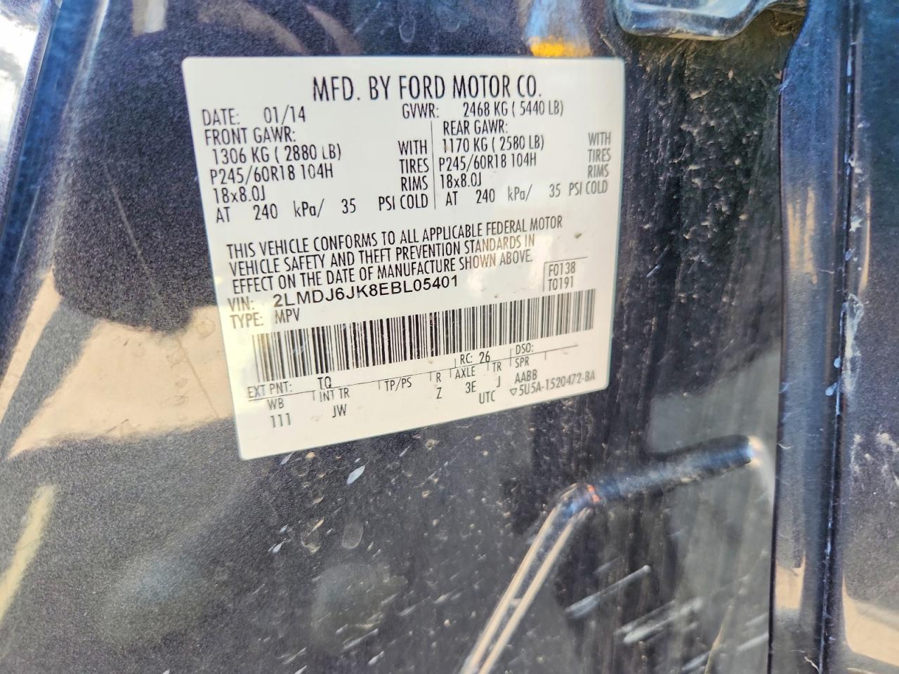 2014 Lincoln Mkx Charcoal vin: 2LMDJ6JK8EBL05401
