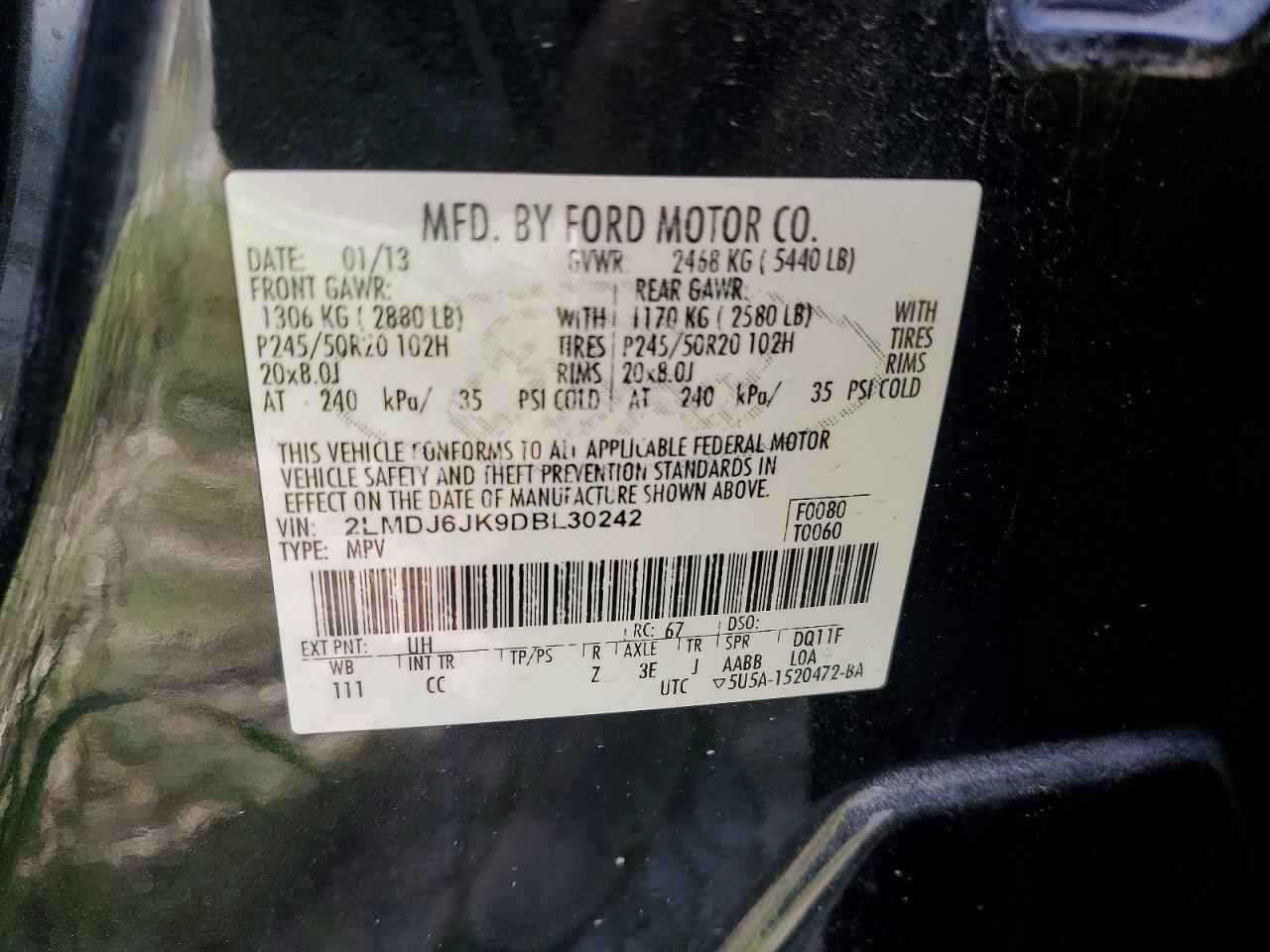2013 Lincoln Mkx Black vin: 2LMDJ6JK9DBL30242