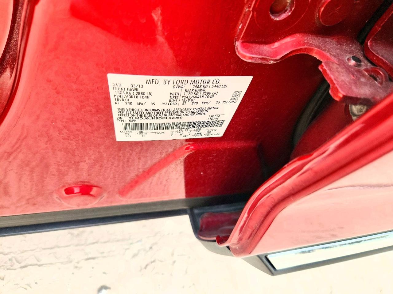 2013 Lincoln Mkx Red vin: 2LMDJ6JK9DBL32069