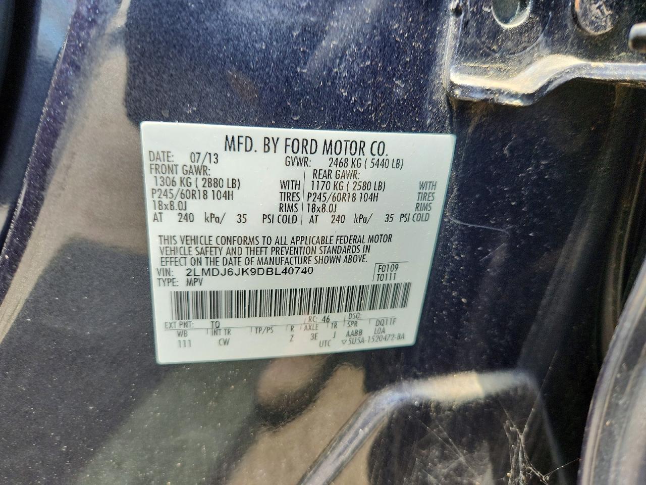 2013 Lincoln Mkx Blue vin: 2LMDJ6JK9DBL40740