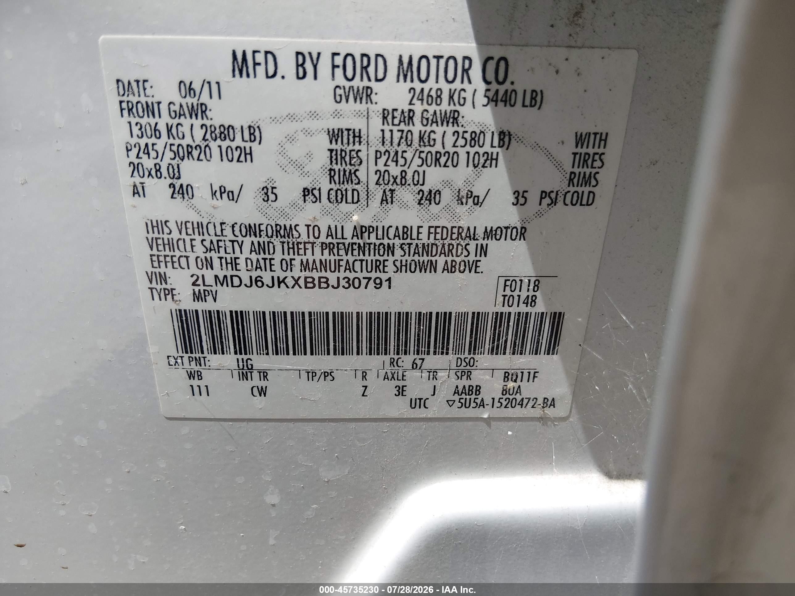 2011 Lincoln Mkx   White vin: 2LMDJ6JKXBBJ30791