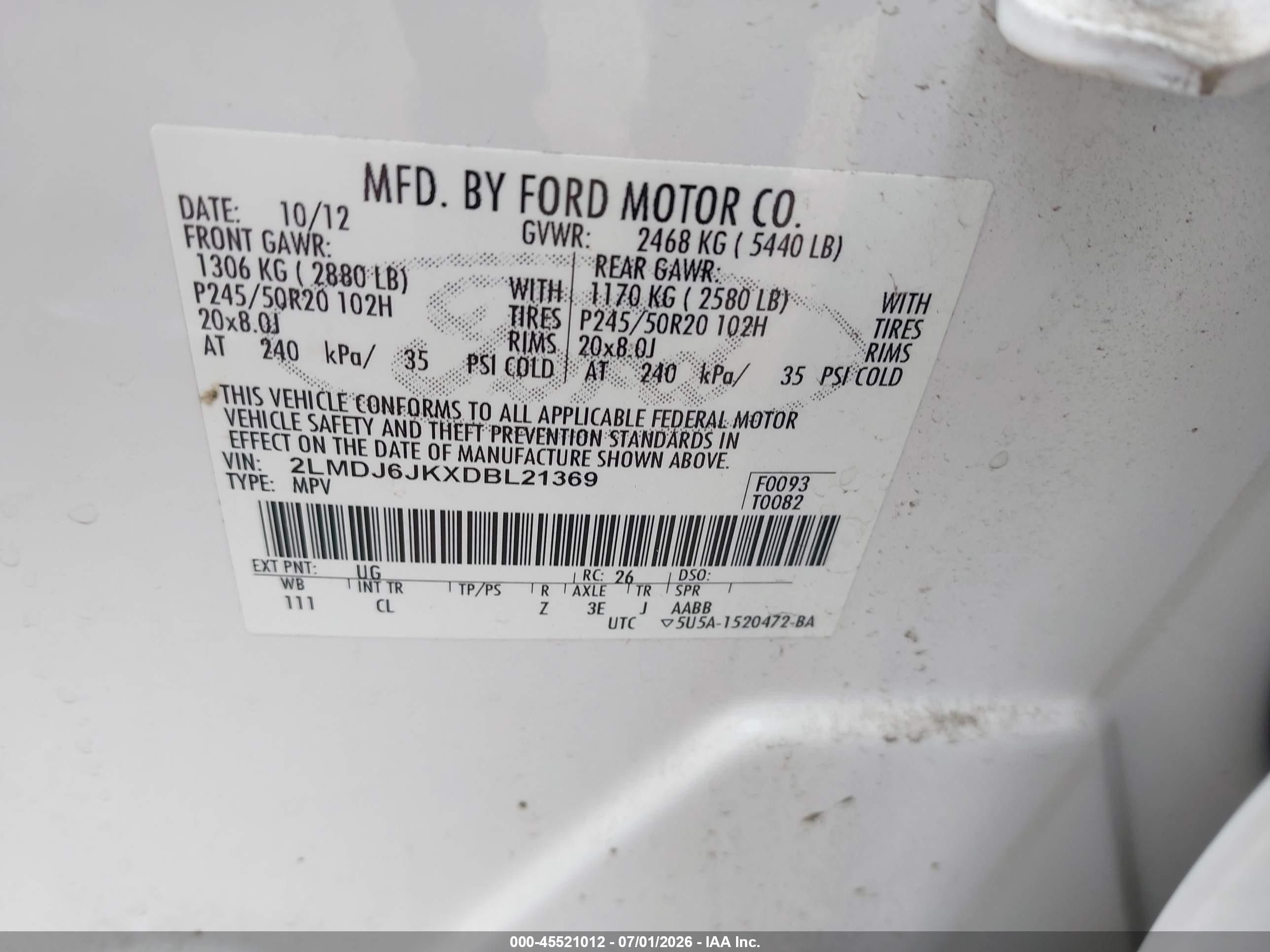 2013 Lincoln Mkx White vin: 2LMDJ6JKXDBL21369